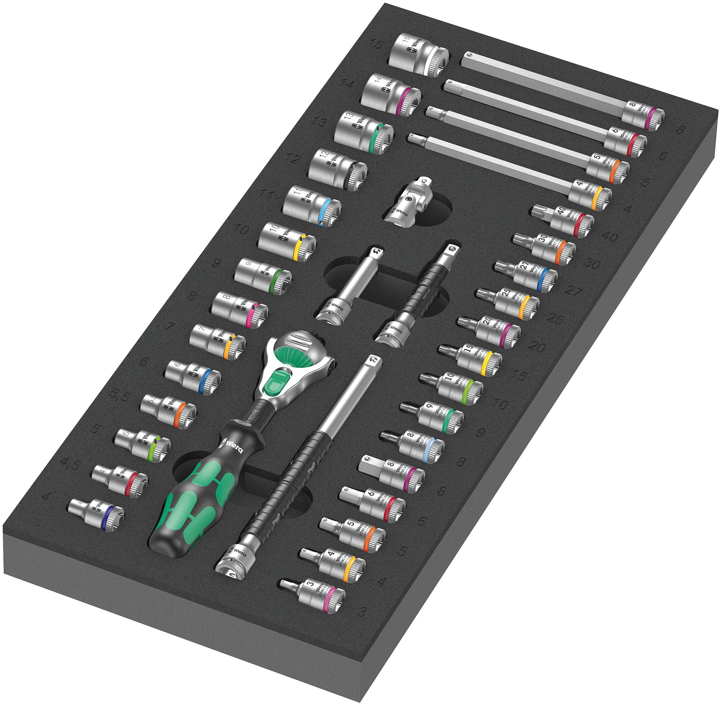Wera 05150110001 9720 Foam Insert 8000 A Zyklop 1/4" Ratchet Set 1, 37 Pieces, Black Green