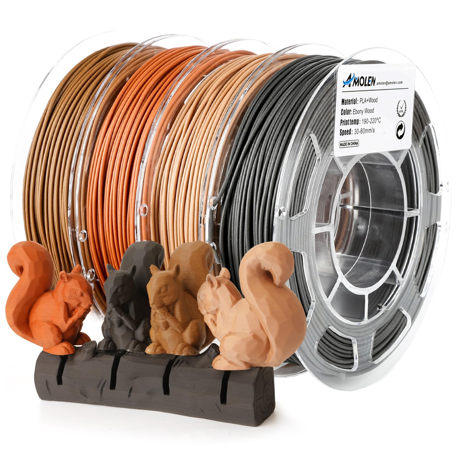 AMOLEN Wood PLA Filament Bundle 3D Printer Filament Wood Sets,Walnut,Cherry,Bamboo,Ebony,3D Printing Filament,PLA Filament 1.75mm,200g*4 Spools