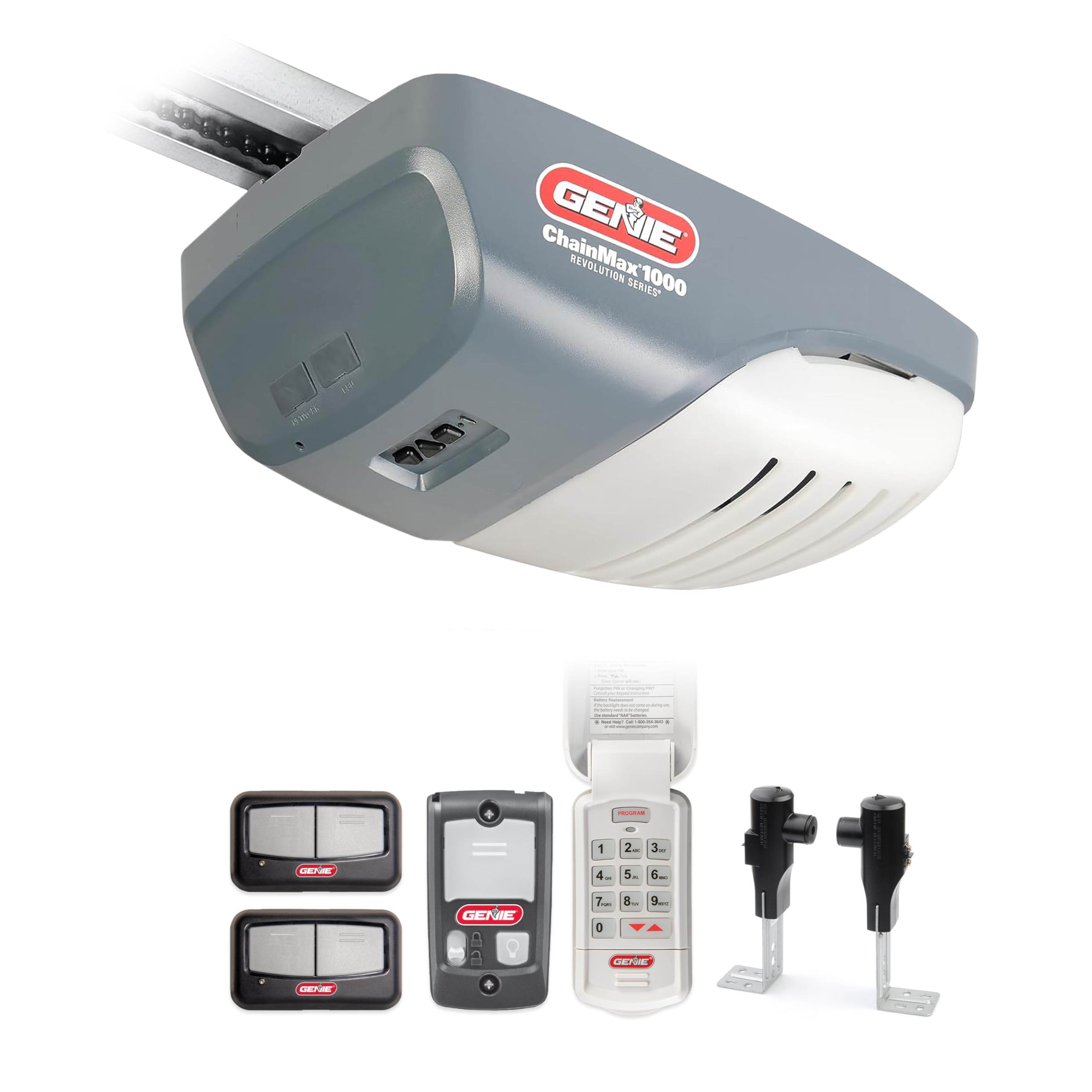 Genie ChainMax 1000 Garage Door Opener - Durable Chain Drive - Includes two 3-Button Pre-Programmed Remotes,Wall Console, Wireless Keypad, Safe-T-Beams - Model 3022-TKH, 140V DC Motor,Gray