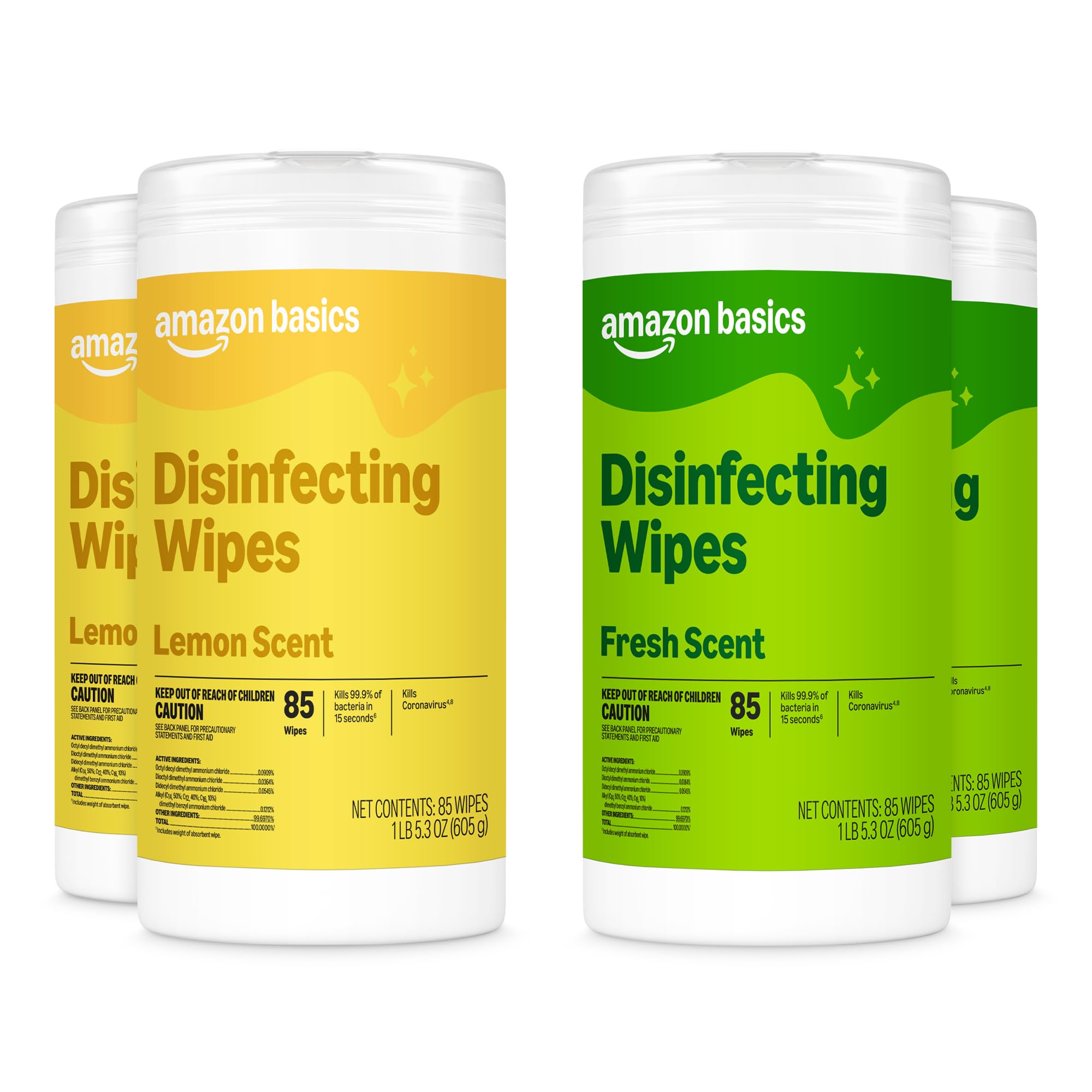 Amazon Basics Disinfecting Wipes, Lemon & Fresh Scent, Sanitizes, Cleans, Disinfects, Deodorizes, 340 Count (4 Packs of 85), Packaging May Vary