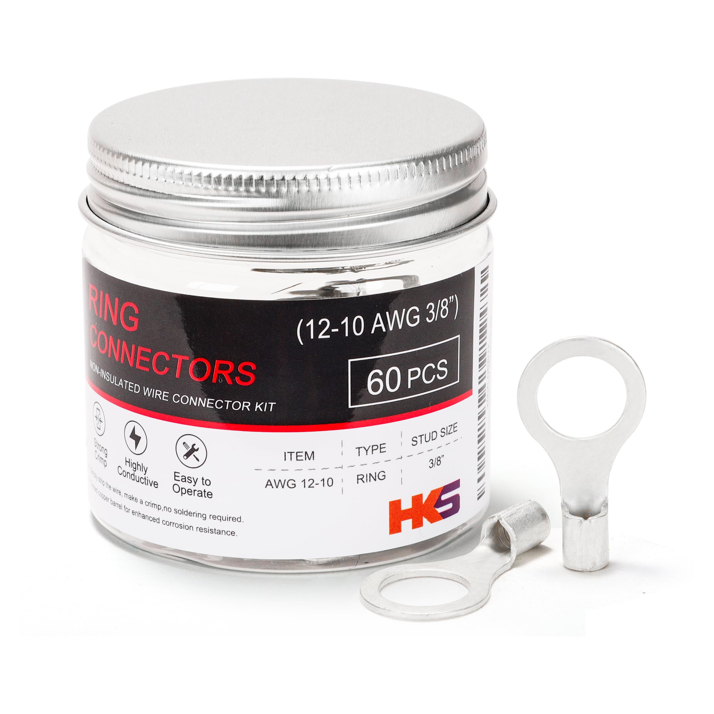HKS 60PCS Non-Insulated Ring Terminals, 3/8” Stud, AWG 12-10 (4-6mm²) Tinned Red Copper Crimp Connectors, M10 Bolt Size, Uninsulated Wire Lugs for Electrical Wiring & Automotive Applications