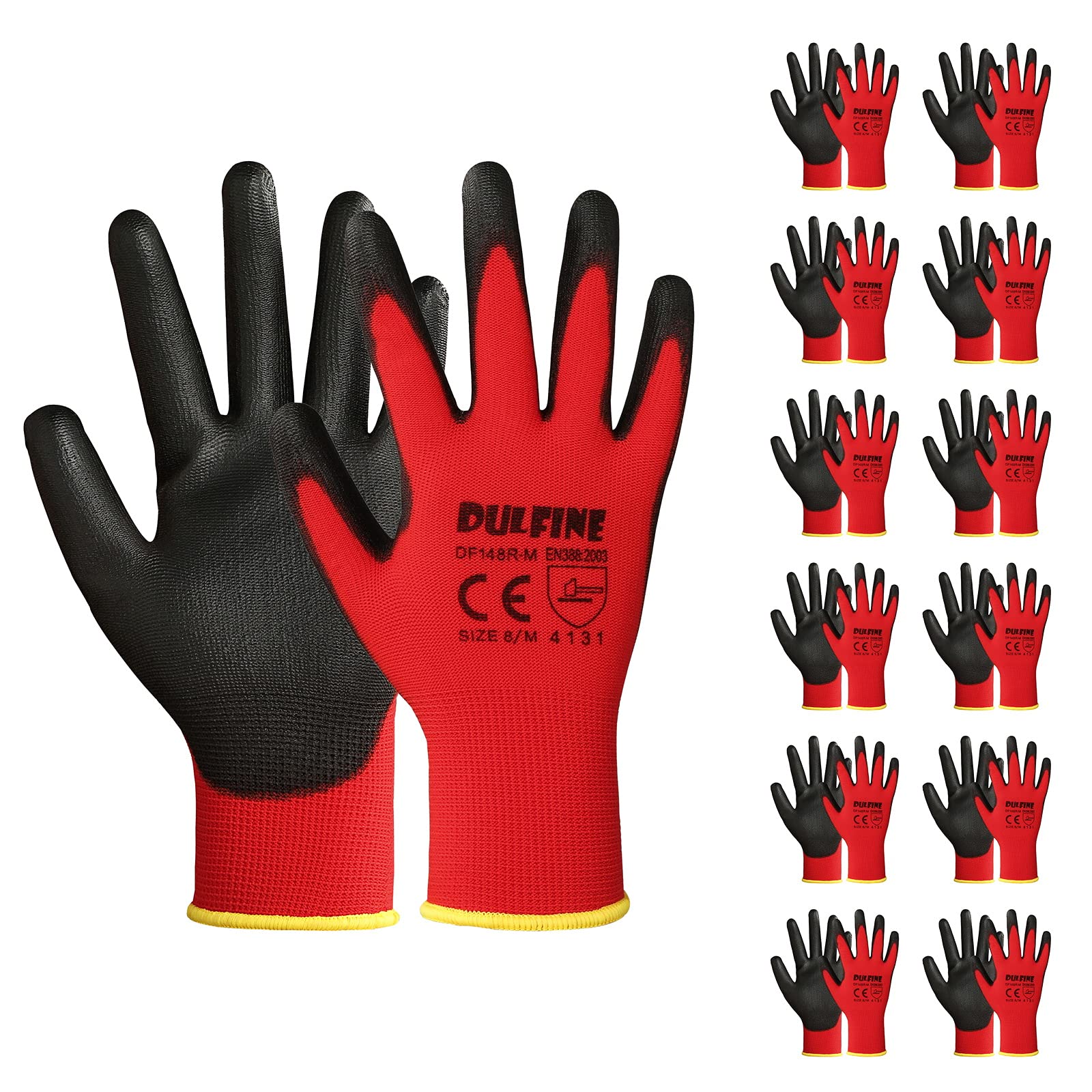 DULFINE Safety Work Gloves for Men & Women 12 Pairs, PU Coated Red L