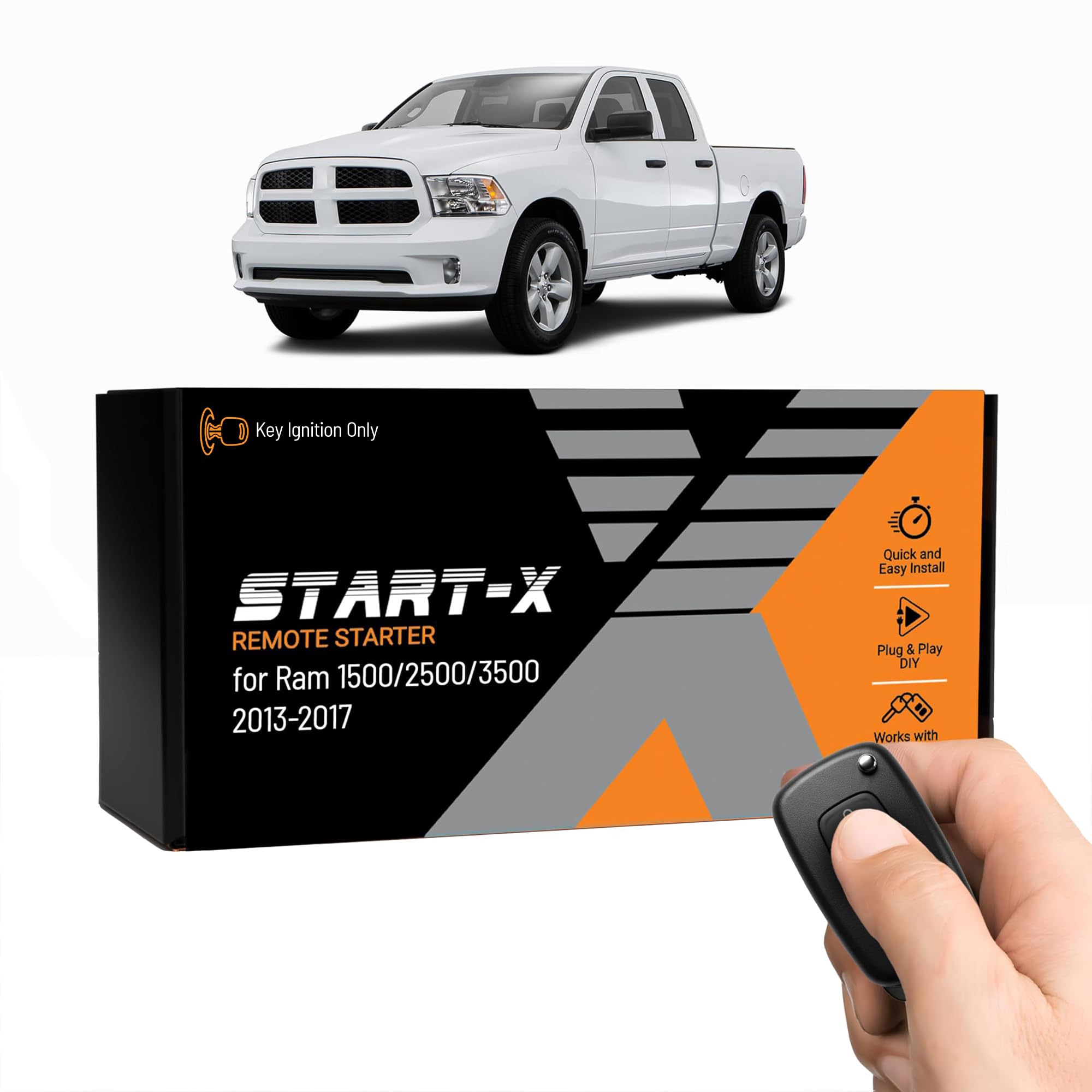 Start-X Remote Starter Kit for RAM 1500, 2500, 3500 (2013, 2014, 2015, 2016, 2017) Trucks with Key Ignition | Plug & Play Install | Use Your OEM Key Fob | Lock 3X to Remote Start | Zero Wire Splicing