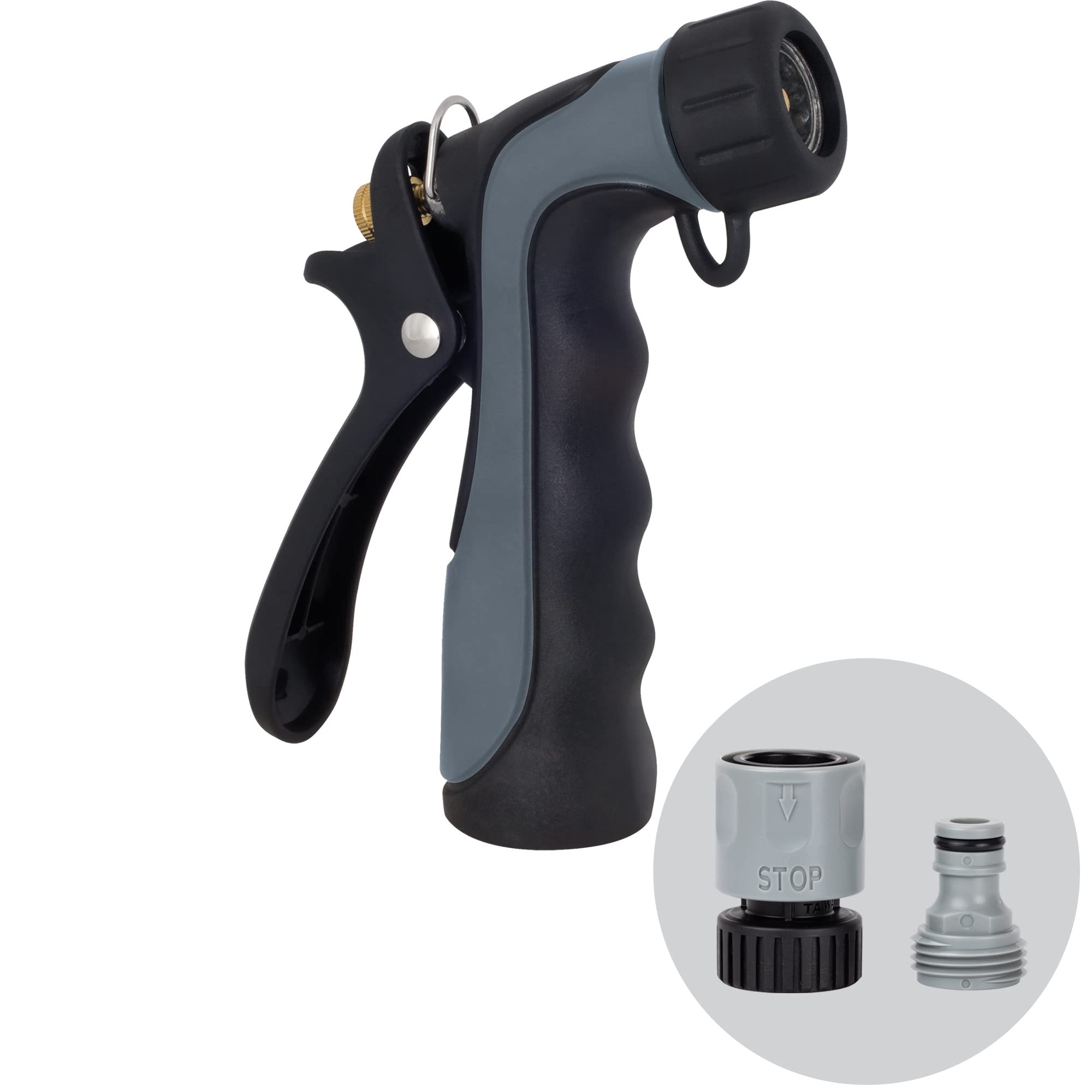 Melnor 65144AMZ Hot Water Hose Nozzle with Adjustable Spray Pattern, Metal Core, Insulated Grip, 160°F Rated, High Pressure Spray, Quick Connect Bundle, Black, Gray