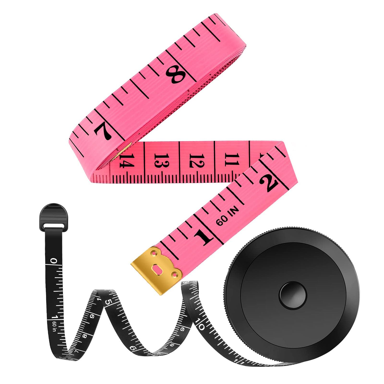 iBayam 2 Pack Tape Measure Measuring Tape for Body Fabric Sewing Tailor, 60-Inch Soft Pink & Retractable Black Double Scales Rulers, Vinyl Measuring Tape for Home Craft Body Weight Loss Cloth Knitting