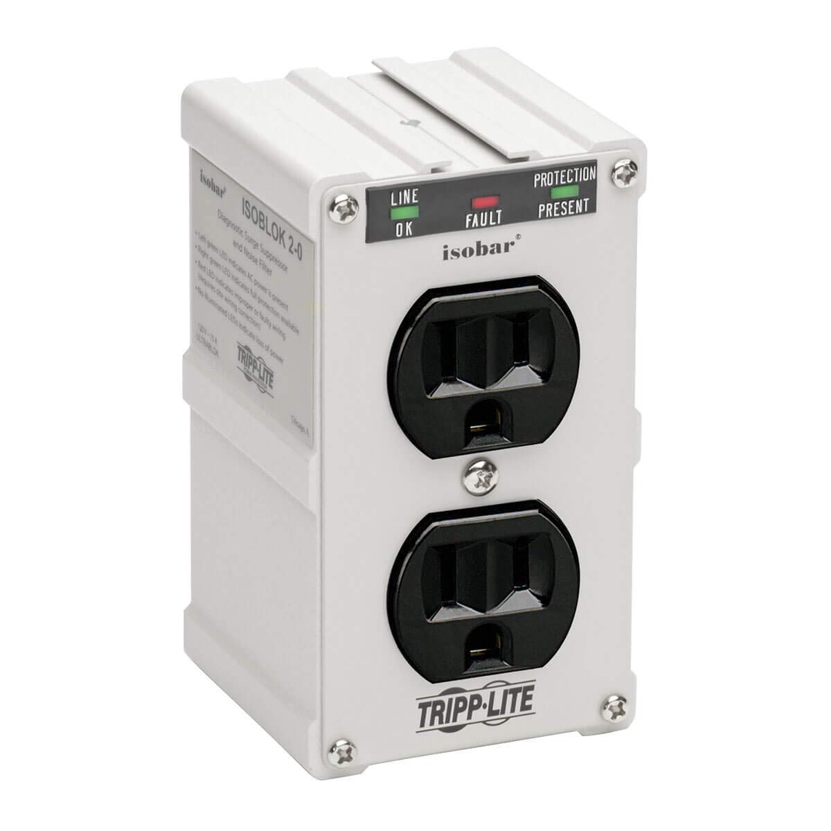 Tripp Lite Isobar ISOBLOK2-0 Heavy Duty Outlet Extender, Wall Power Strip Surge Protector, 2 Outlets, Direct Plug-in, White, Metal Power Strip, Industrial Garage Work Shop Bench