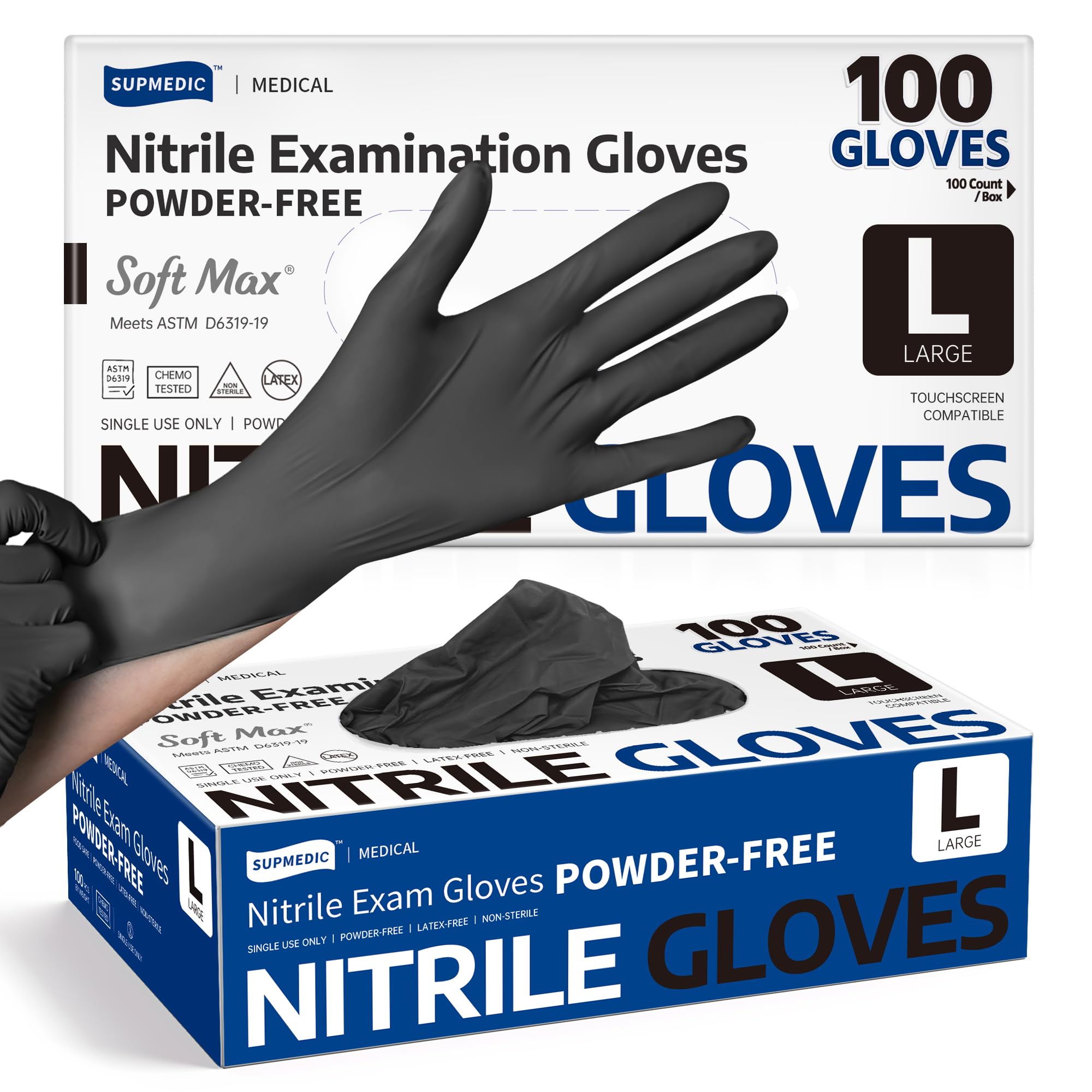 Supmedic Disposable Nitrile Gloves, Chemical Resistant, Powder-Free, Latex-Free, Food Safe, Medical Exam Gloves, Black, Large, 100 Pcs