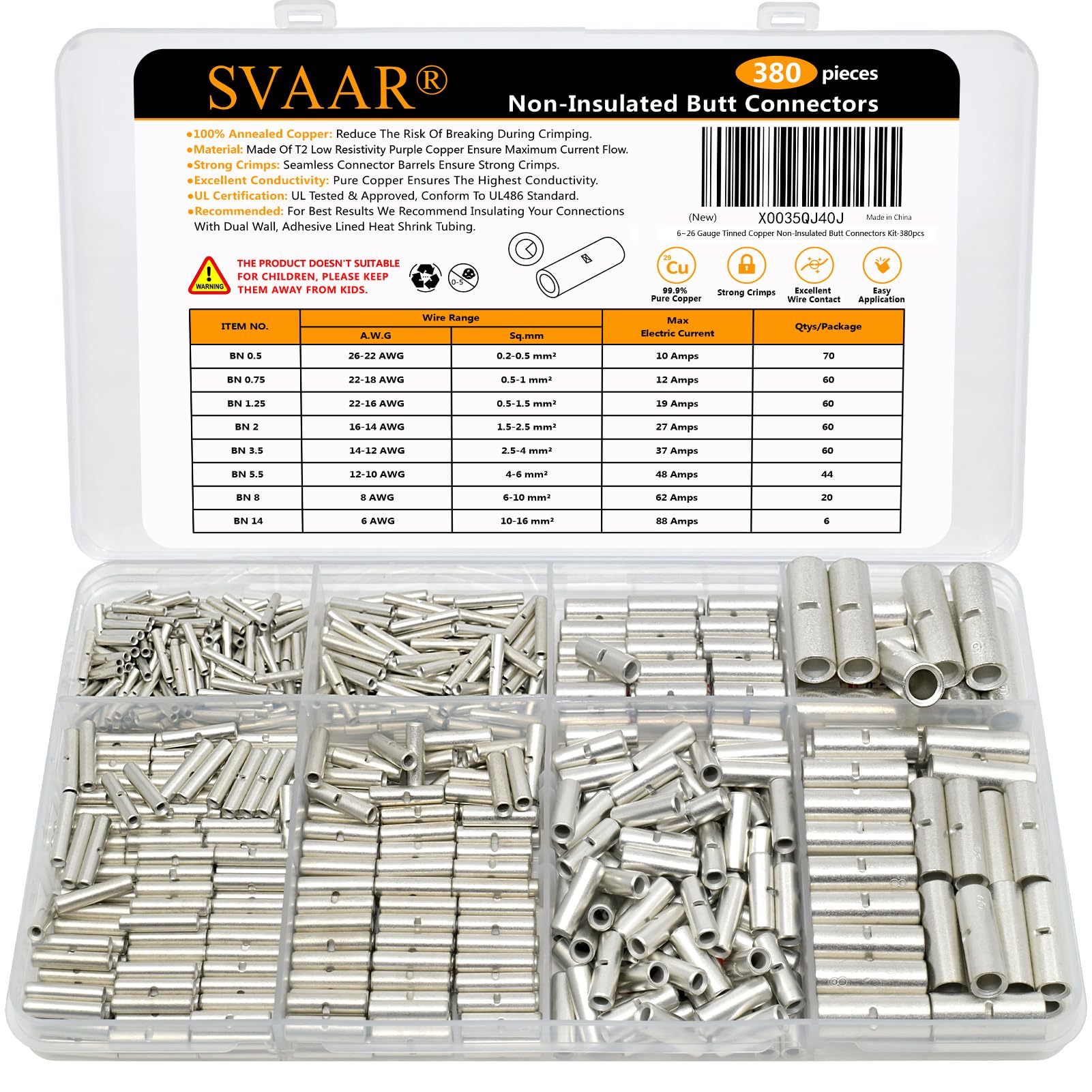 SVAAR 380PCS Non Insulated Butt Connectors Kit Butt Splice Connector Uninsulated Wire Splice Connectors for 26 to 6 Gauge Wire Marine Grade Tinned Copper Seamless Barrel Crimp Butt Splice Terminals