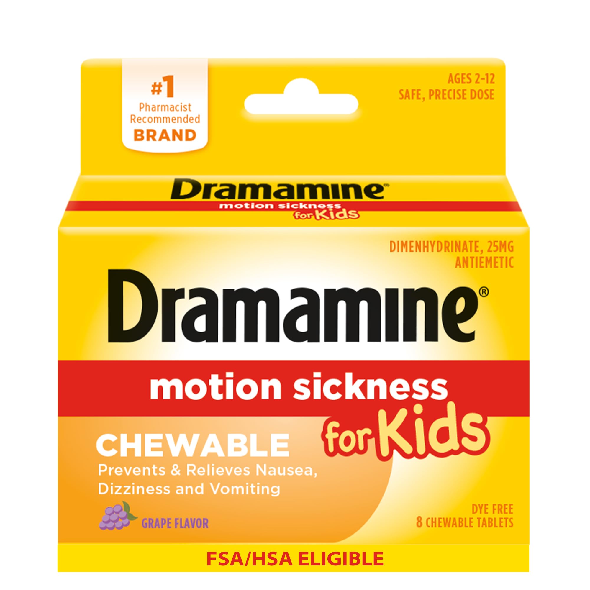 Dramamine Kids Motion Sickness Relief Chewable Tablets, Grape Flavor, 8 Ct