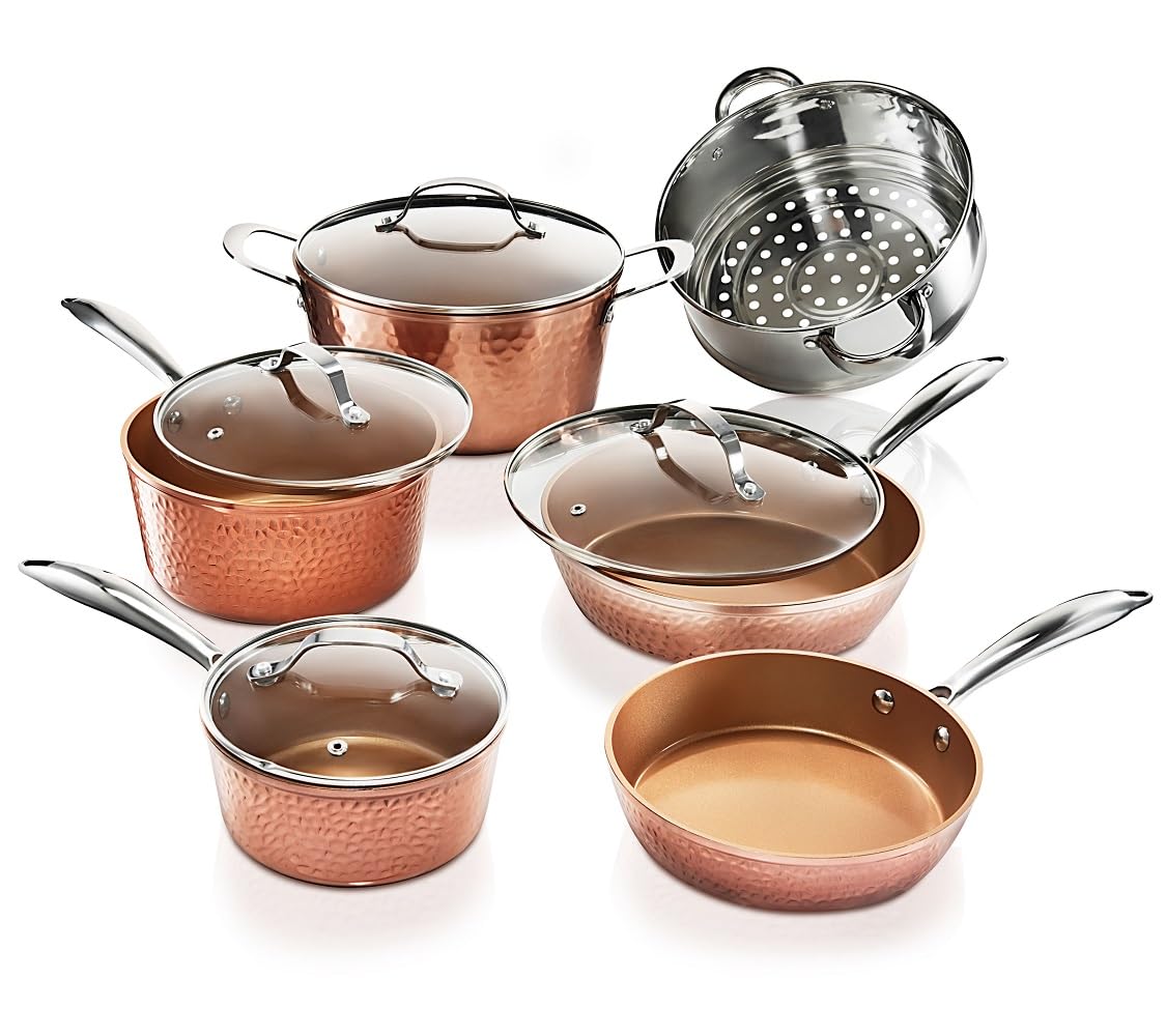 Gotham Steel Hammered 15 Pc Ceramic Cookware Set, Induction Pots and Pans Set Non Stick with Cooking Utensils & Steamer, Non Toxic Ceramic & Titanium Coating PFOA PFOS Free, Oven & Dishwasher Safe