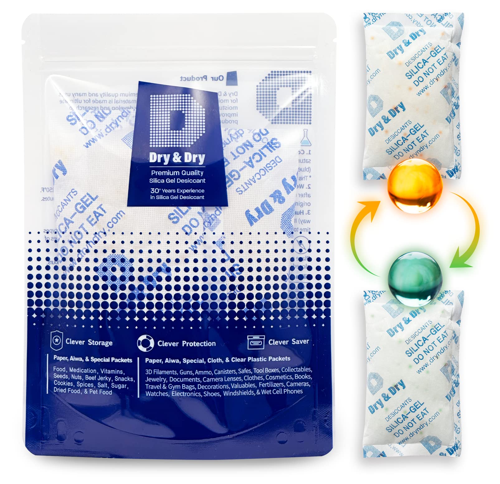 Dry & Dry 100 Gram [7 Packets] Orange Indicating Silica Gel Packets Desiccants Silica Packets - Rechargeable Moisture Absorbers for Food Storage, Electronics, 3D Filament & Safes