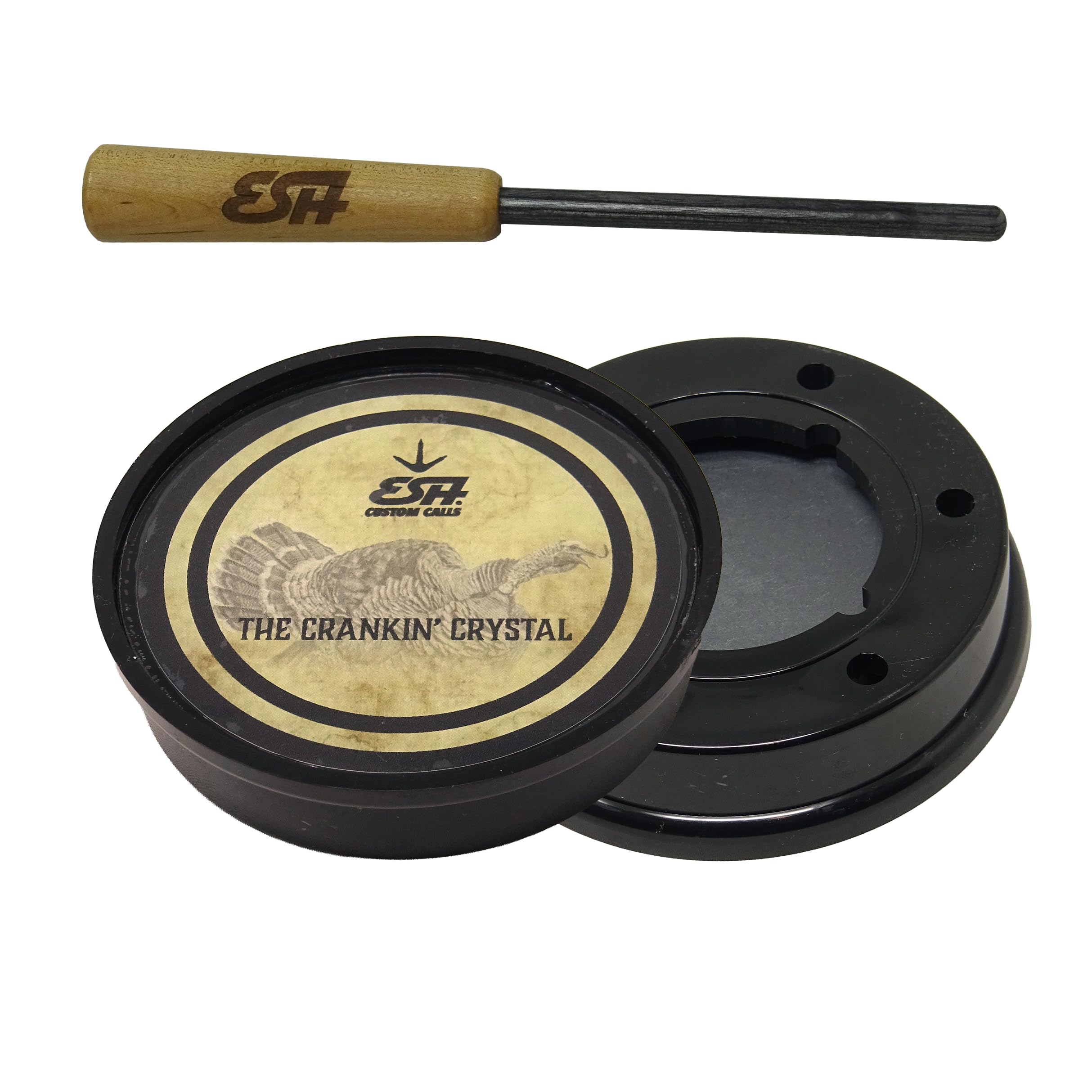 ESH Crankin’ Crystal Double-Sided Turkey Pot Call with Dymondwood Striker – Glass & Slate Surfaces Friction Call for Turkey Hunting – Realistic Hen Sounds for Beginners & Experienced Hunters