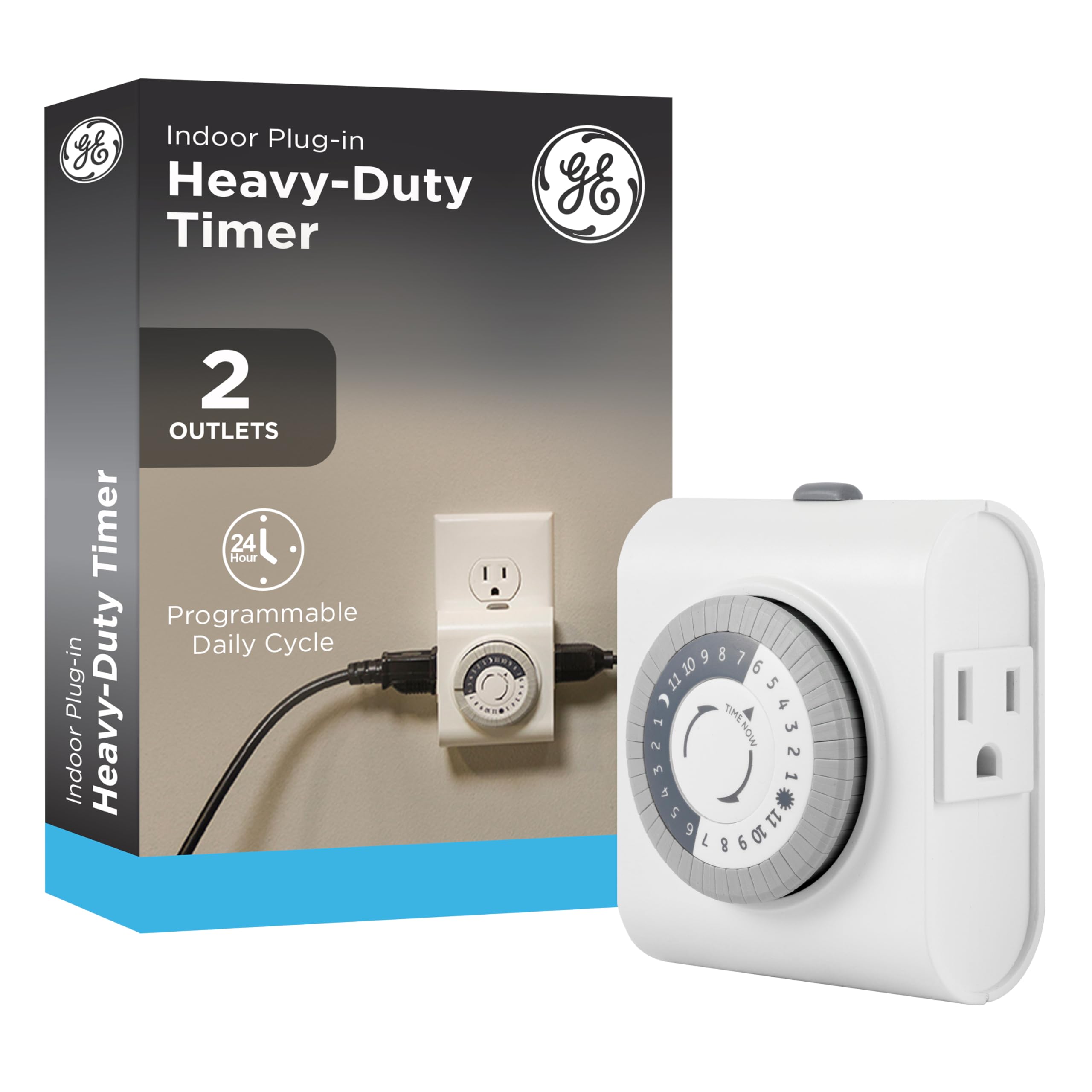 GE 24‑Hour Plug-in Mechanical Timer Outlet, 2 Grounded Outlets, 1 Pack