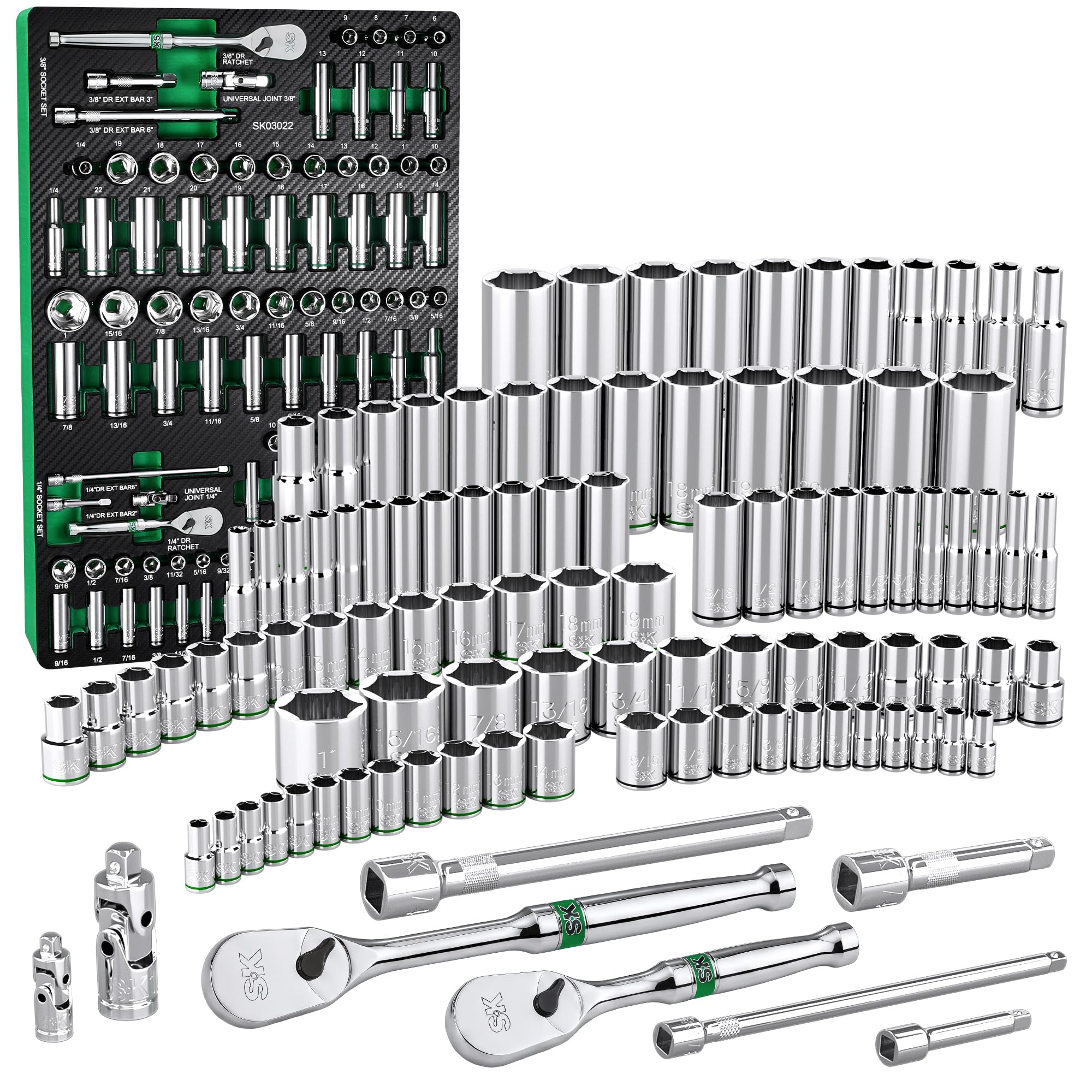 SK 1/4" & 3/8" Drive Socket Set with 90-Tooth Ratchet, SAE & Metric