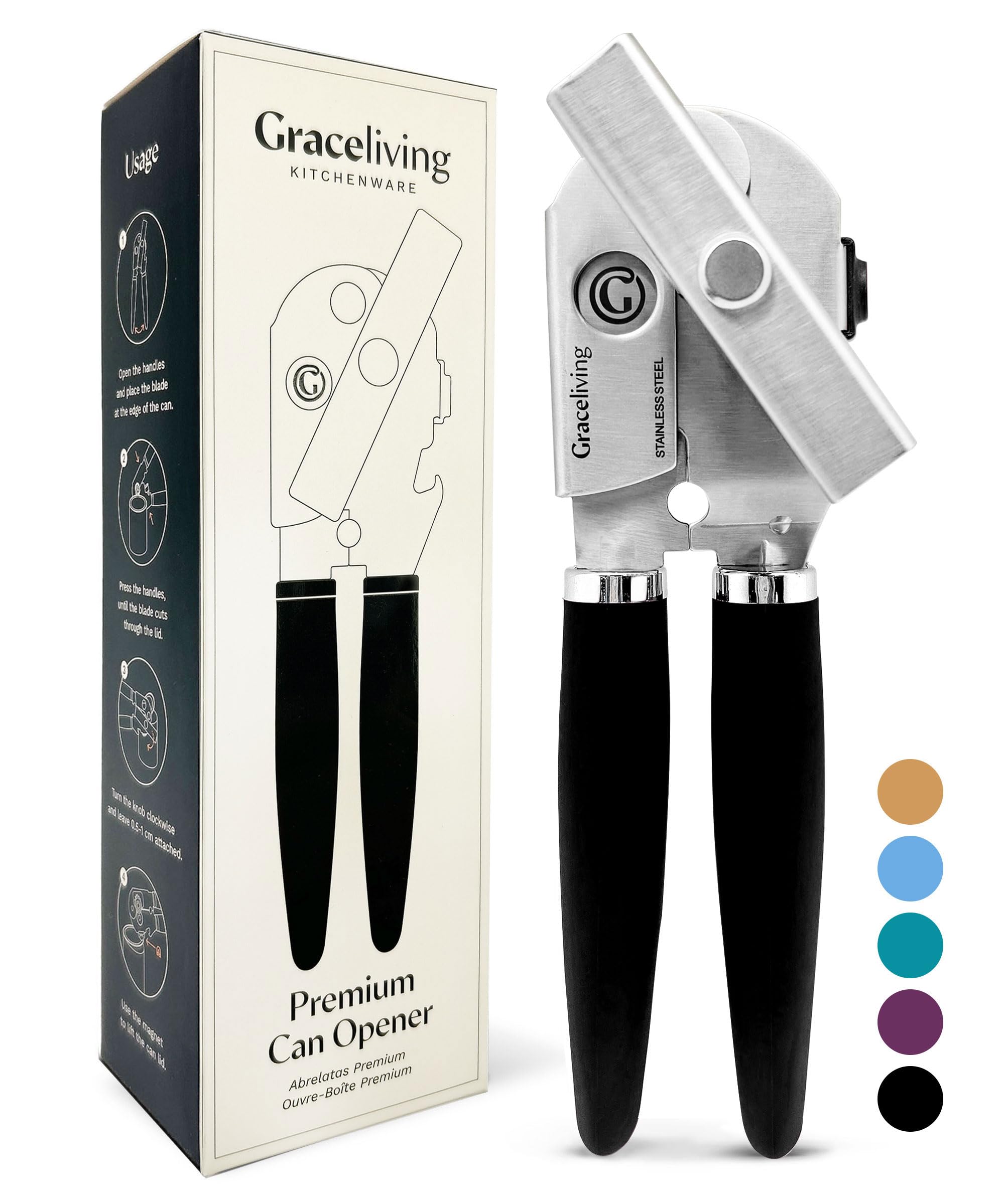 Graceliving Heavy Duty Manual Can Opener with Magnetic Lid Lifter, Black