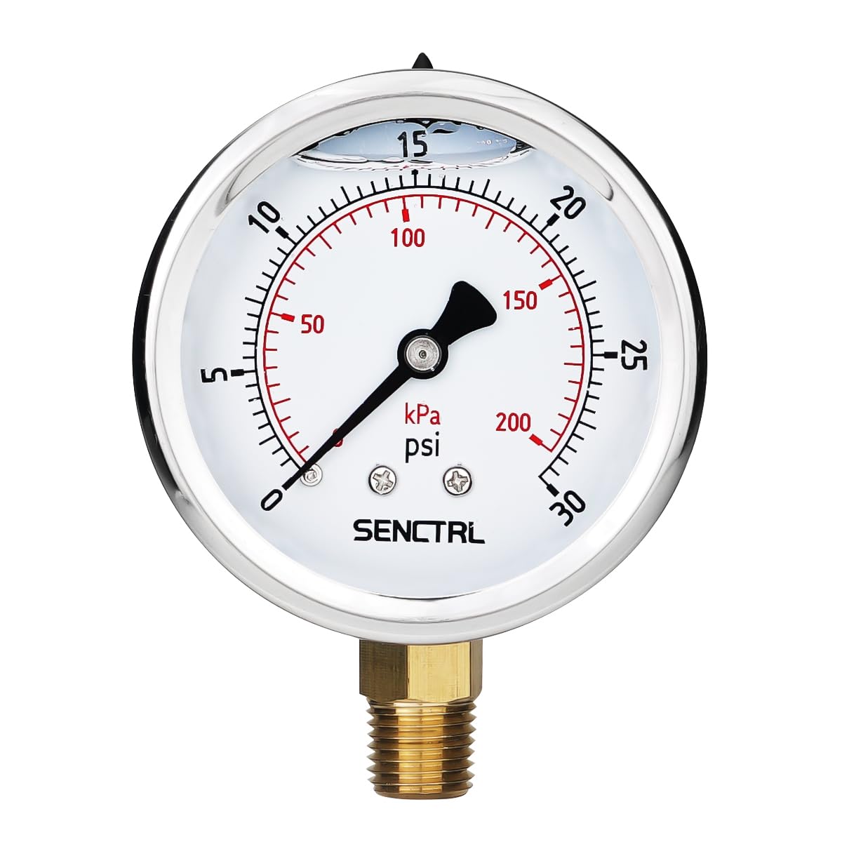 SENCTRL 0-30 PSI Liquid Filled Low Pressure Gauge, 1/4" NPT Lower Mount