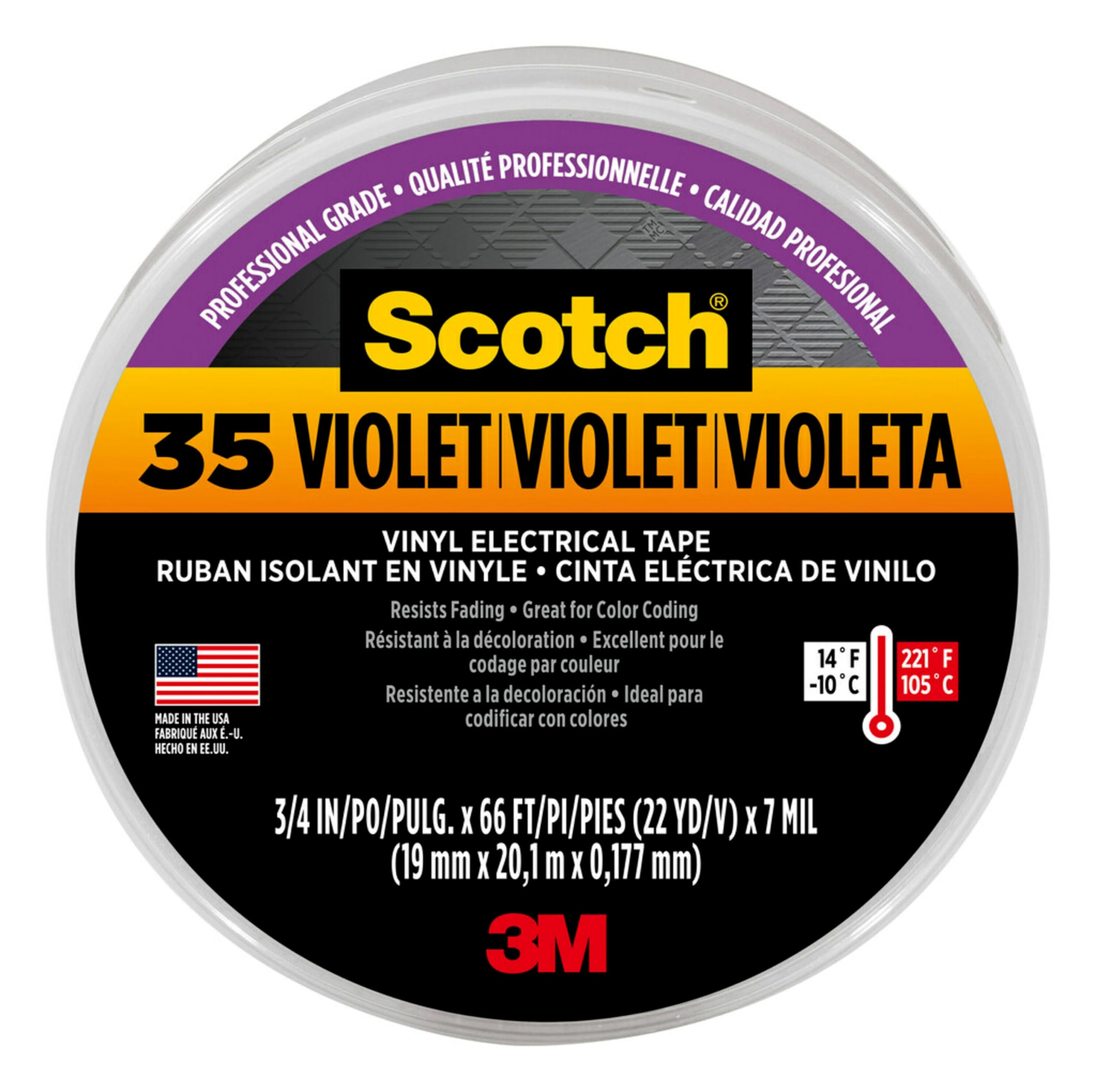 3M Scotch Vinyl Color Coding Electrical Tape 35, 3/4 in x 66 ft, Violet - 11271-BA-5