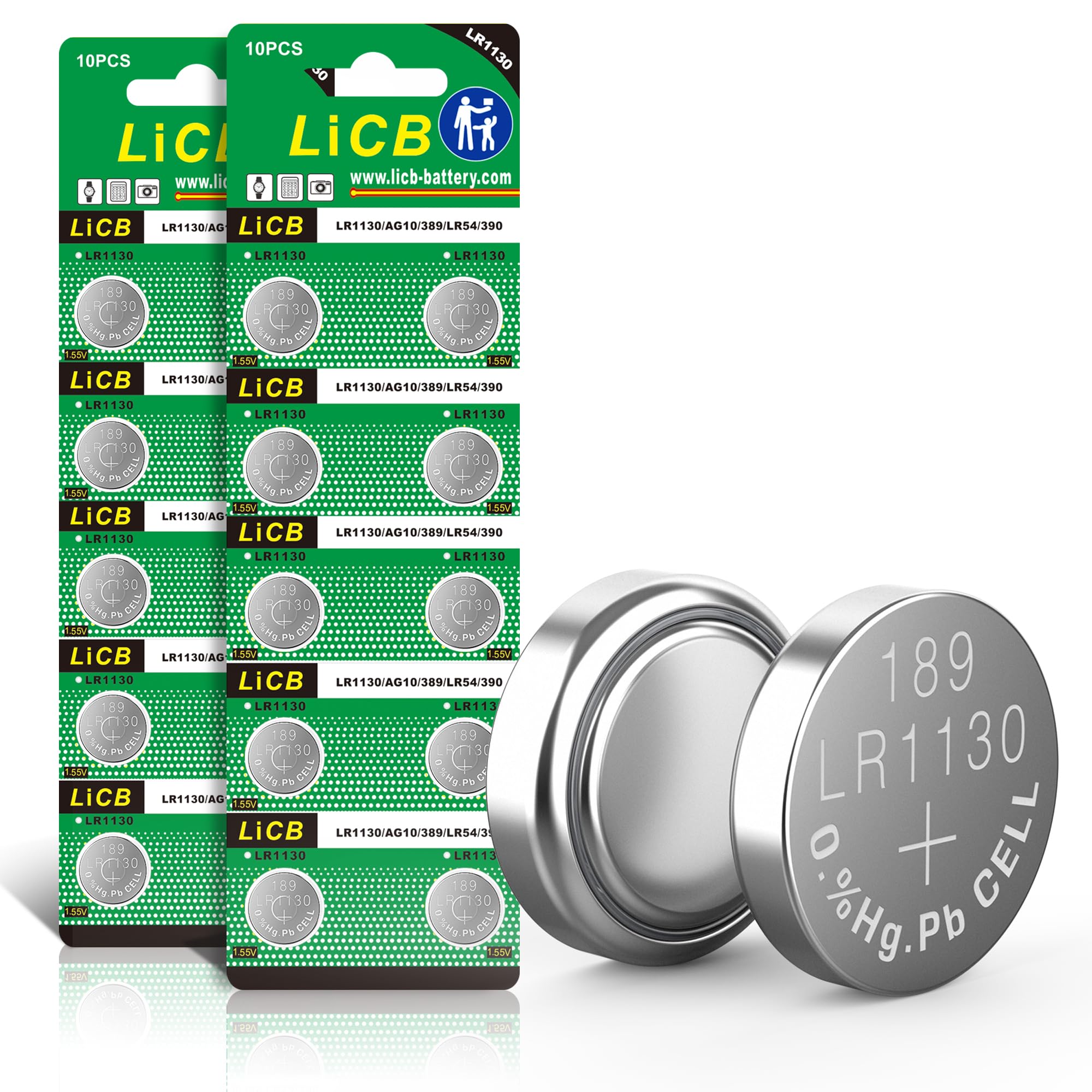 LiCB 20 Pack LR1130 AG10 Battery 1.5V Long-Lasting Alkaline Button Cell Batteries
