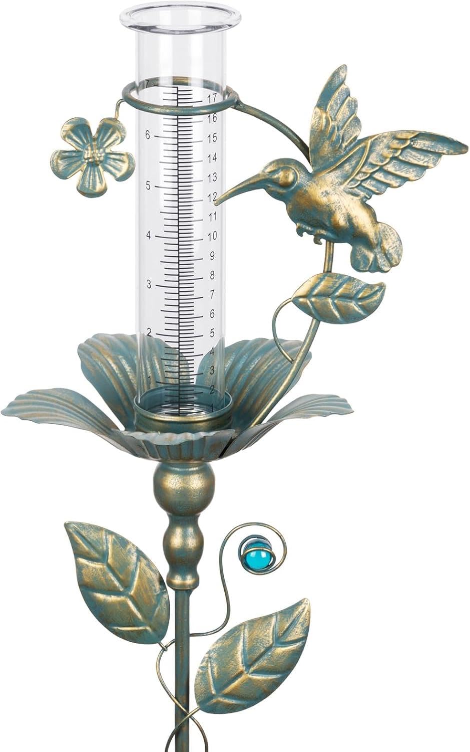 shumi Rain Gauge Outdoor Hummingbird, Upgraded Glass Rain Gauge Outdoors Best Rated, Freeze Proof Adjustable Height Rain Gauges for Yard Garden Decor, Gardening Gifts for Women