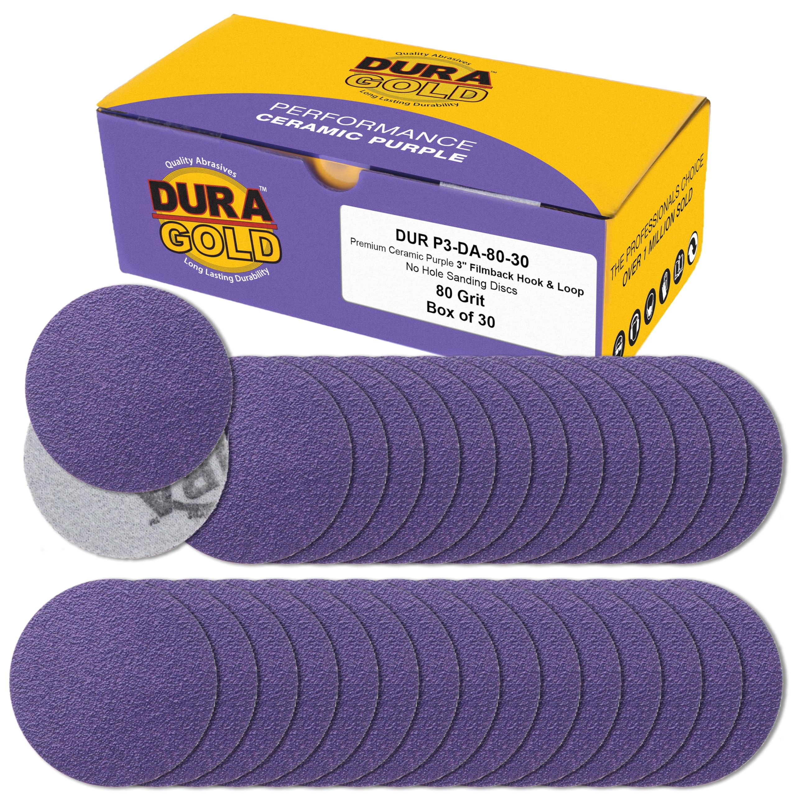 Dura-Gold Premium 80 Grit 3" Purple Film Ceramic Sanding Discs, Box of 30