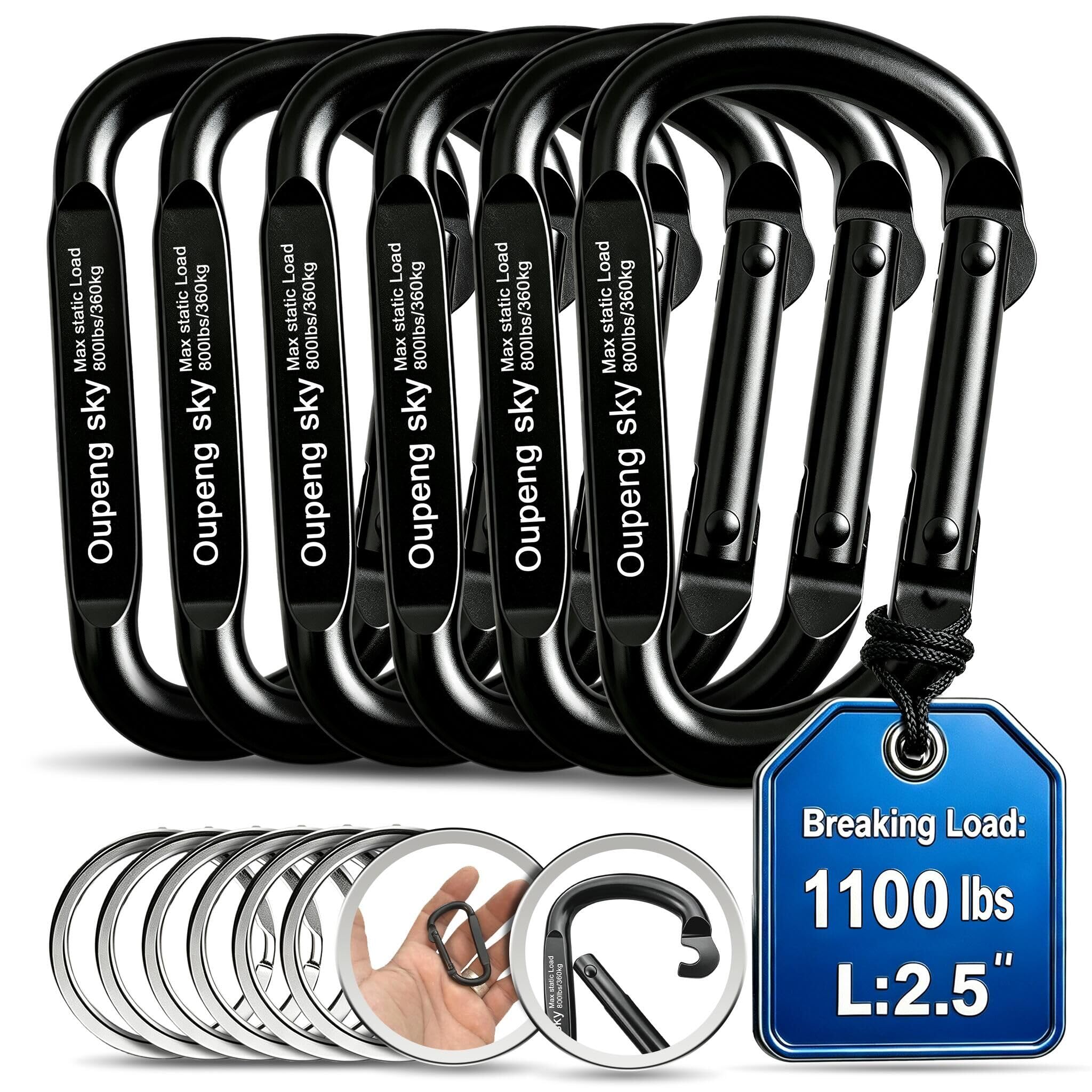 6PCS Carabiner Clip - Heavy Duty Iron Carabiners 800lbs Carabeaner D Ring Shape,Key Chain Clip Hook,Keychain Clip,Multipurpose for Camping, Hiking,Backpacking or Other Outdoor Activities, Black.
