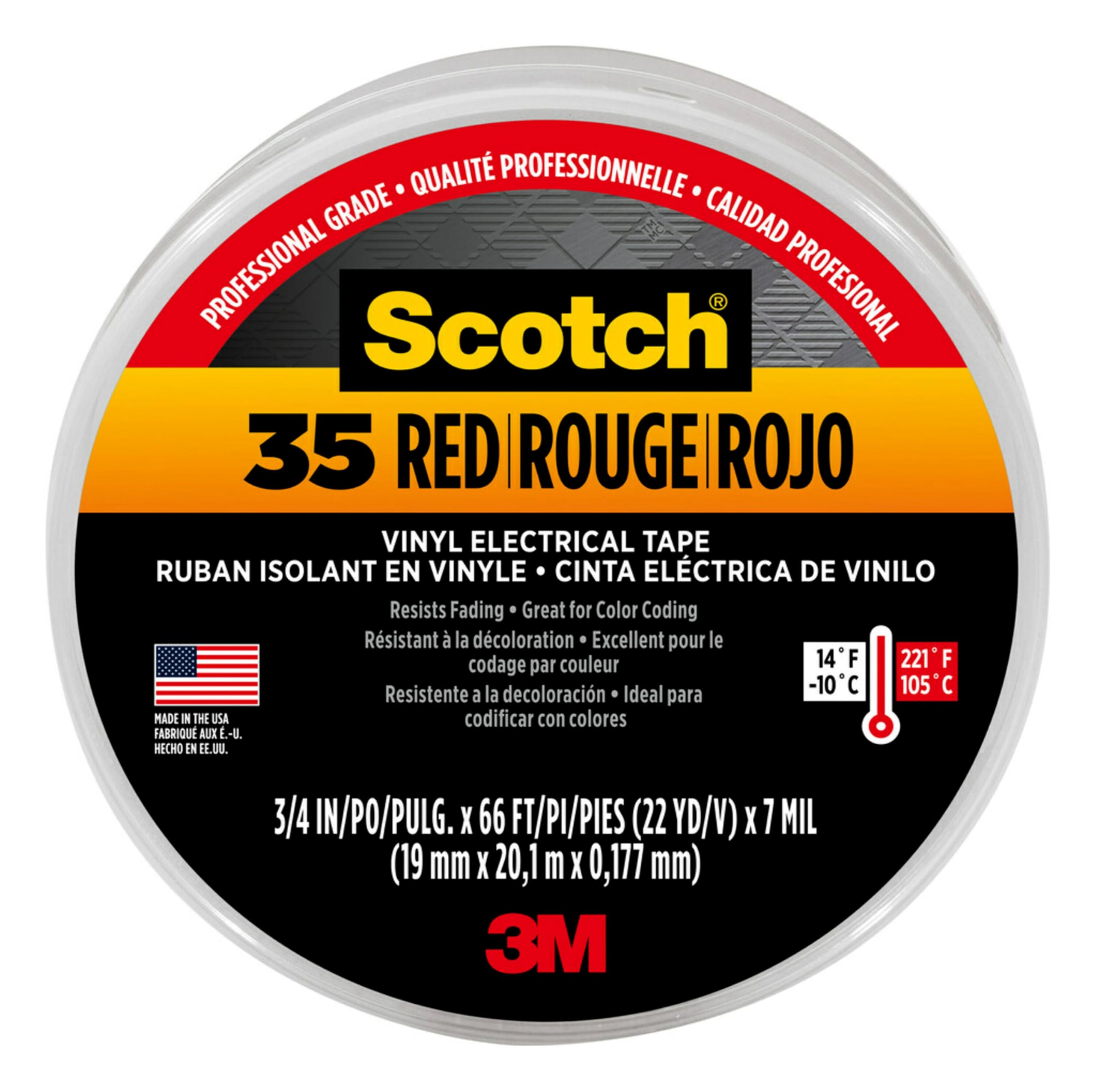 Scotch 35 Vinyl Electrical Color Coding Tape, 3" Core, 0.75" x 66 ft, Red