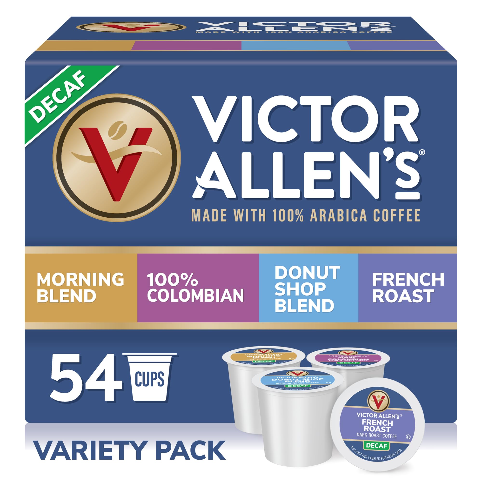 Victor Allen's Coffee Decaf Coffee Variety Pack (Decaf Donut Shop Blend, Morning Blend, French Roast, 100% Colombian), 54 Count, Single Serve Coffee Pods for Keurig K-Cup Brewers