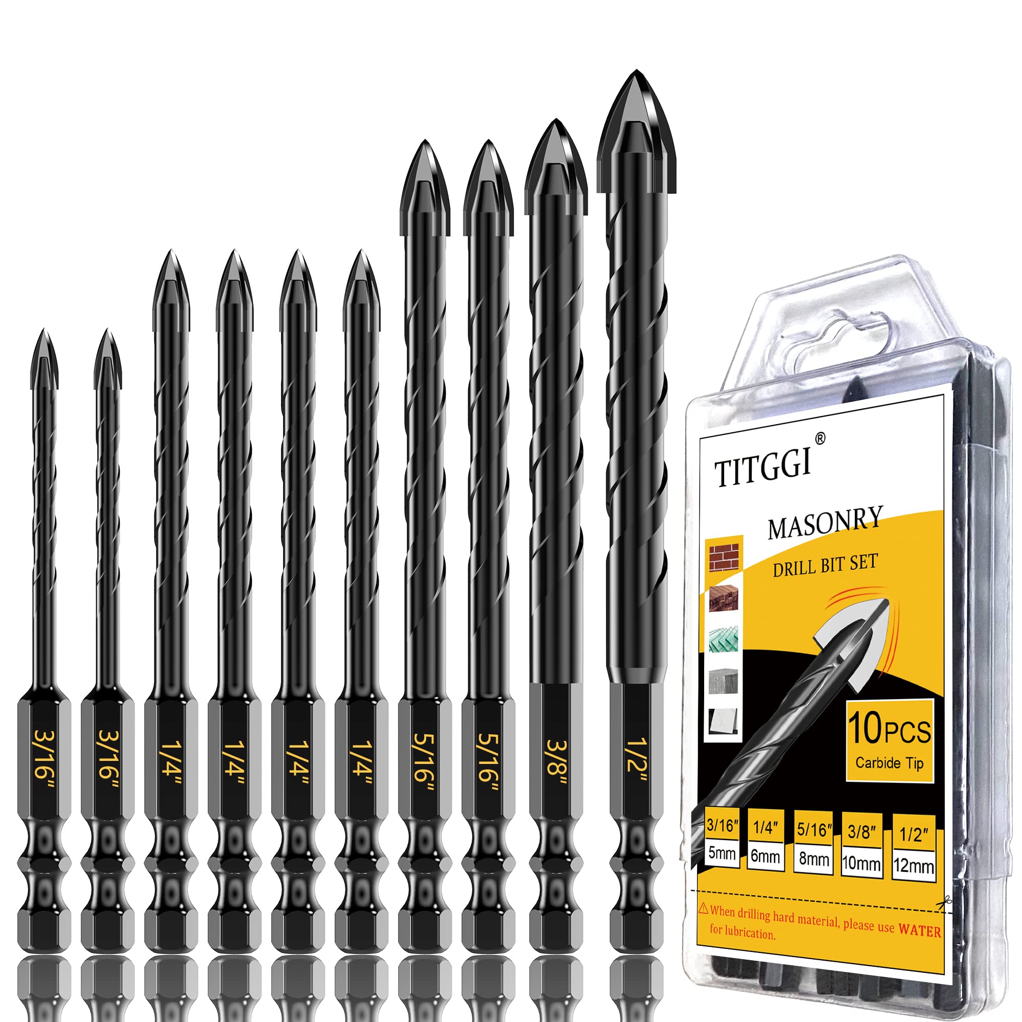 10Pcs Cross-Tip Masonry Drill Bit Set & Concrete Drill Bit Set, 3/16"-1/2"