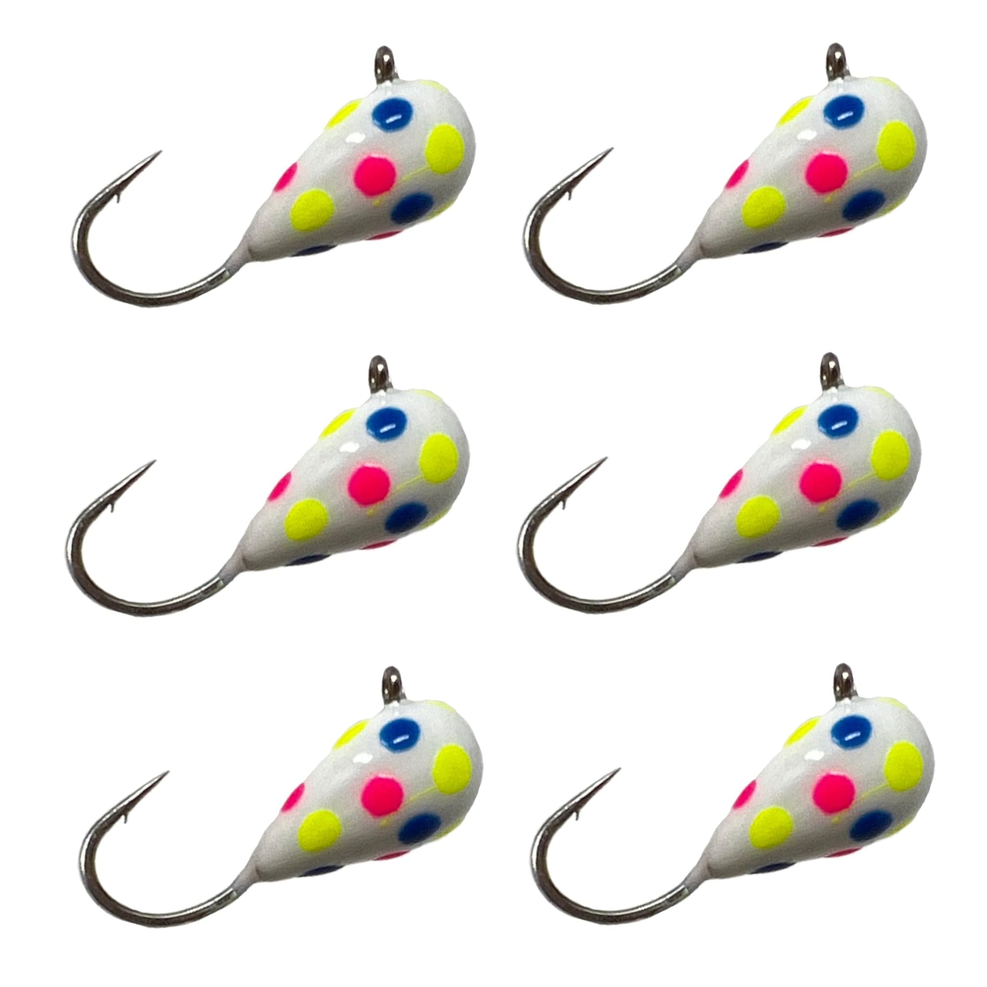 Reaction Tackle Tungsten Ice Fishing Jigs, Tear Drop Jig Heads that Glow with UV Light for Panfish, Crappie, Walleye, Perch, Trout and Bluegill - Wonder Glow Spots 6-pcs 5 mm