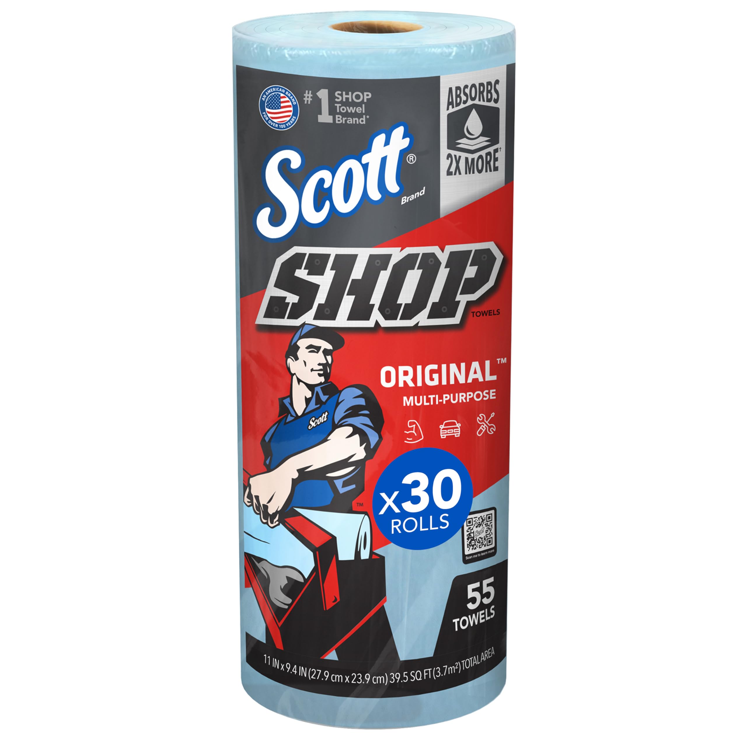 Scott Shop Original Blue Towels (75130), 9.4"x11" Cloth-like Paper Towel (30 Rolls of 55 Sheets, 1,650 Sheet Total)