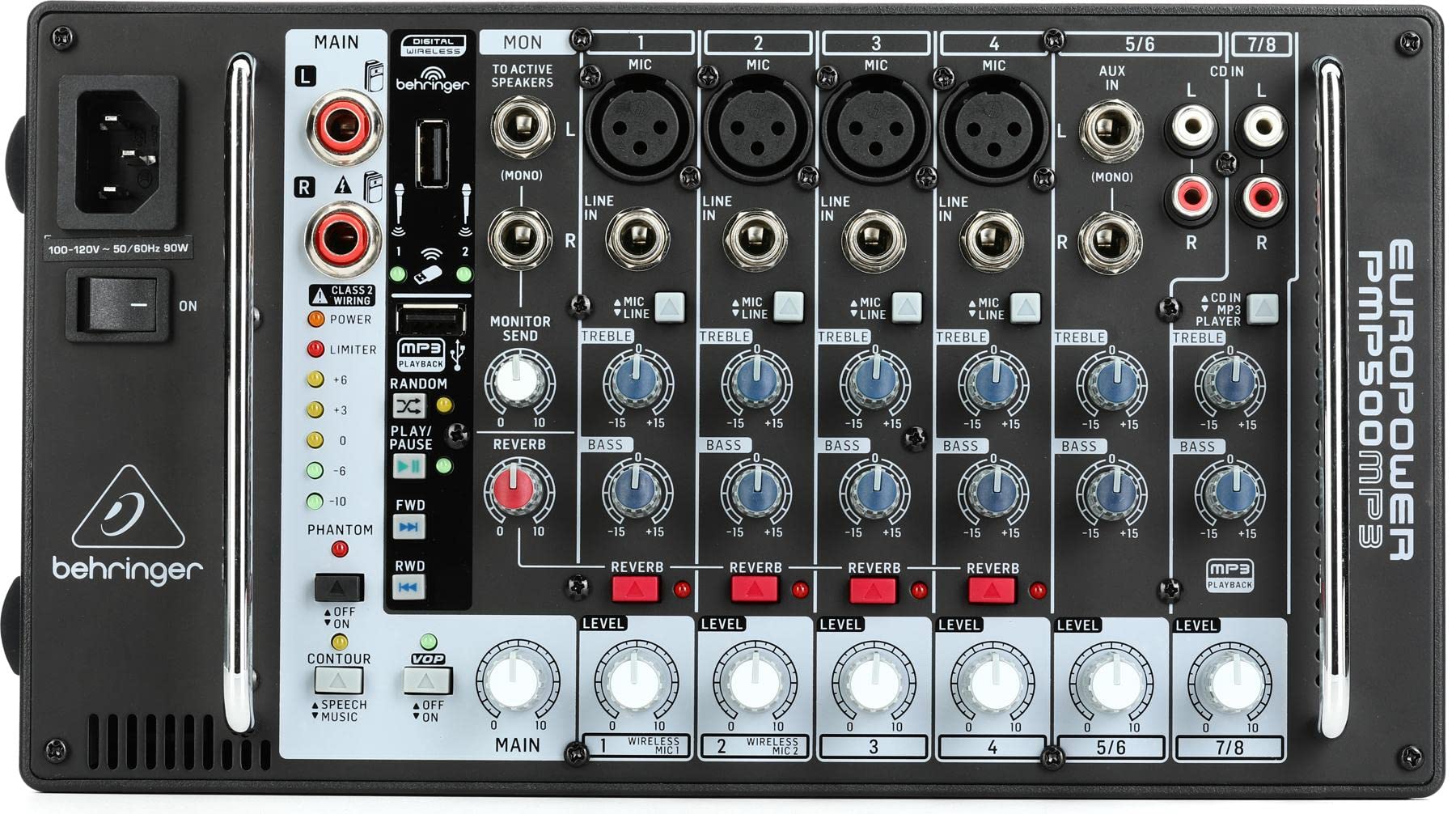 Behringer EUROPOWER PMP500MP3 Ultra-Compact 500 Watt 8 Channel Powered Mixer with MP3 Player, Reverb and Wireless Option