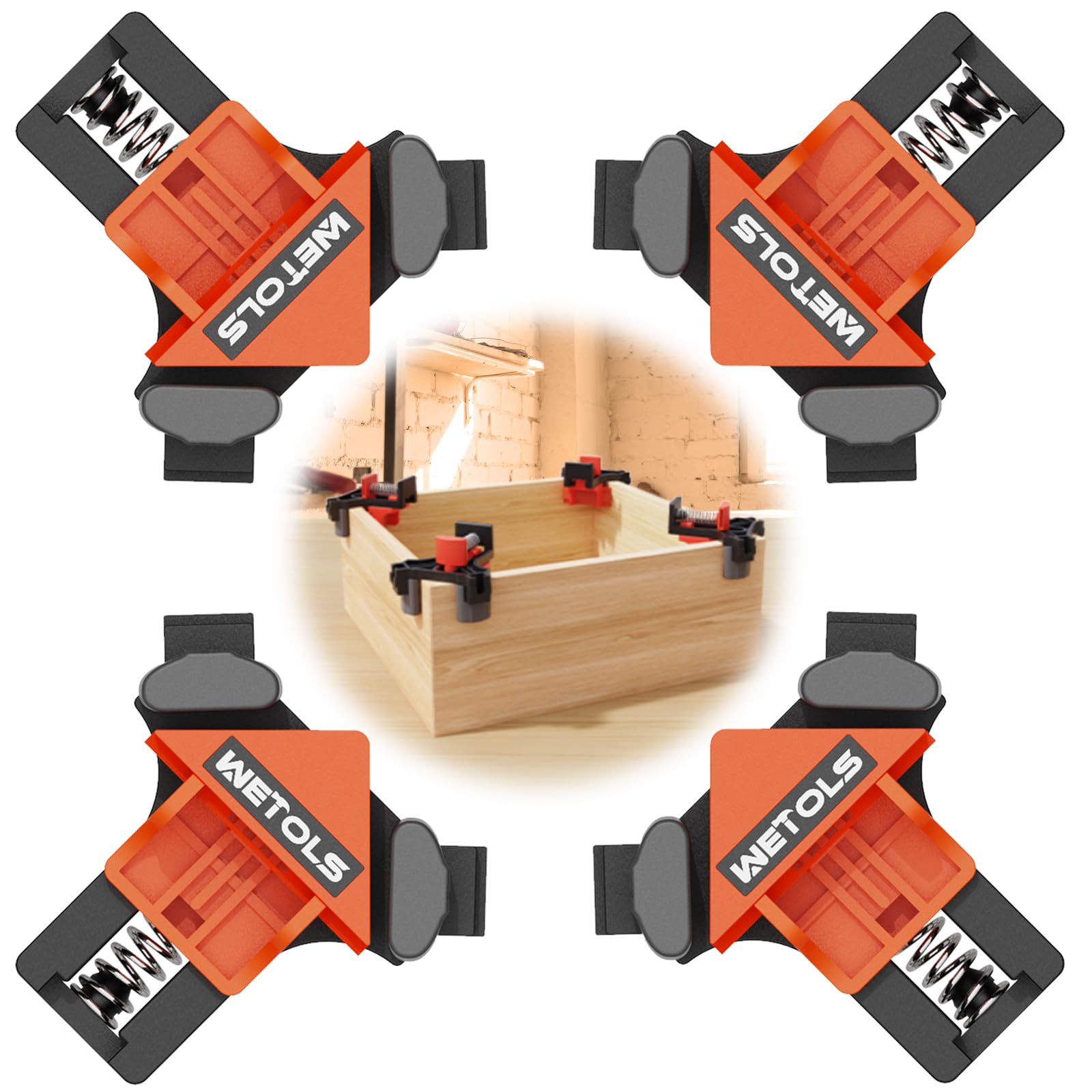WETOLS Corner Clamp for Woodworking, 90 Degree Right Angle Clamp, Wood Clamps, 4Pcs Adjustable Spring Loaded Woodworking Clamp, Gifts for Him, Birthday Gifts for Men, Photo Framing, Orange