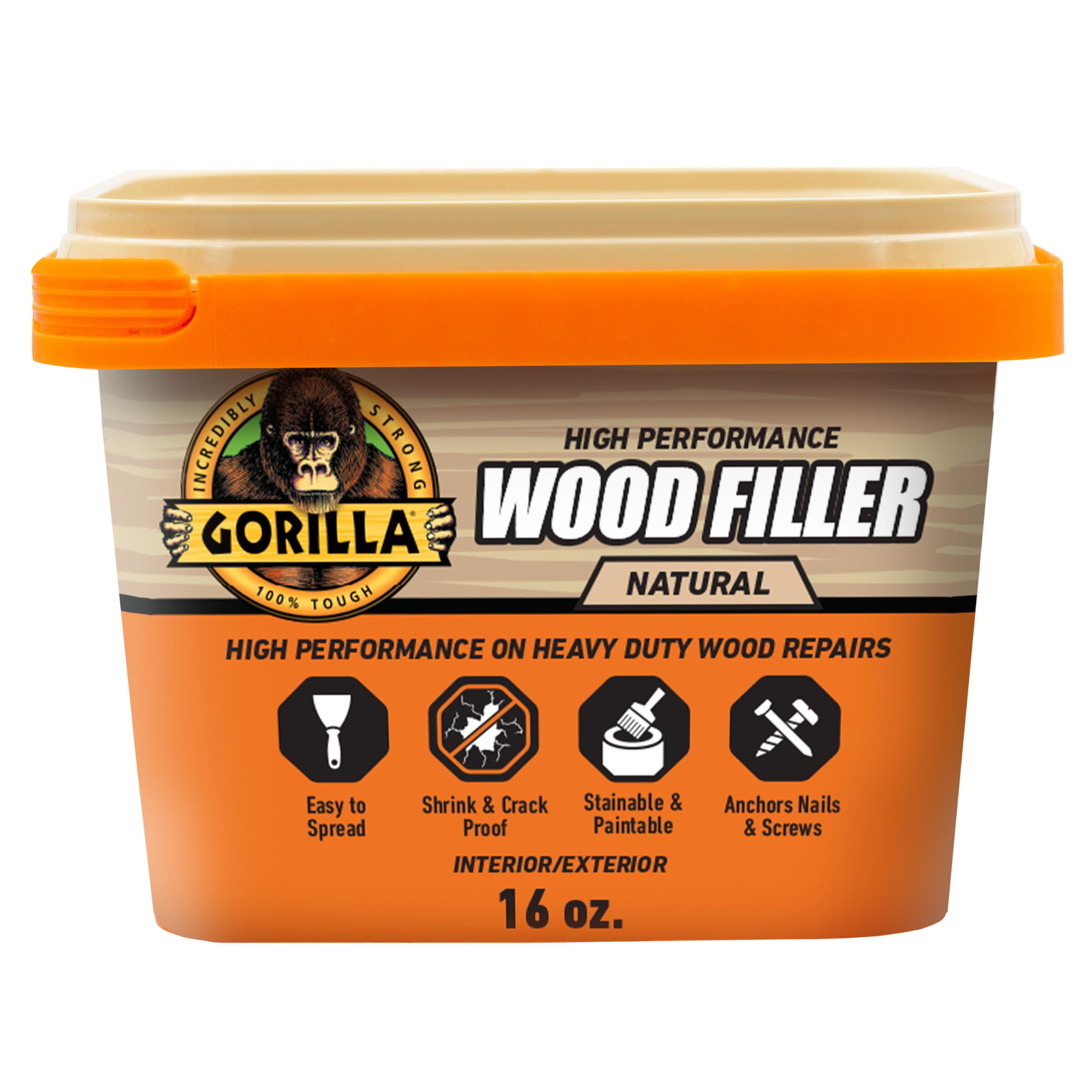Gorilla All Purpose Wood Filler, Natural Finish, 16 oz Tub, 1-Pack