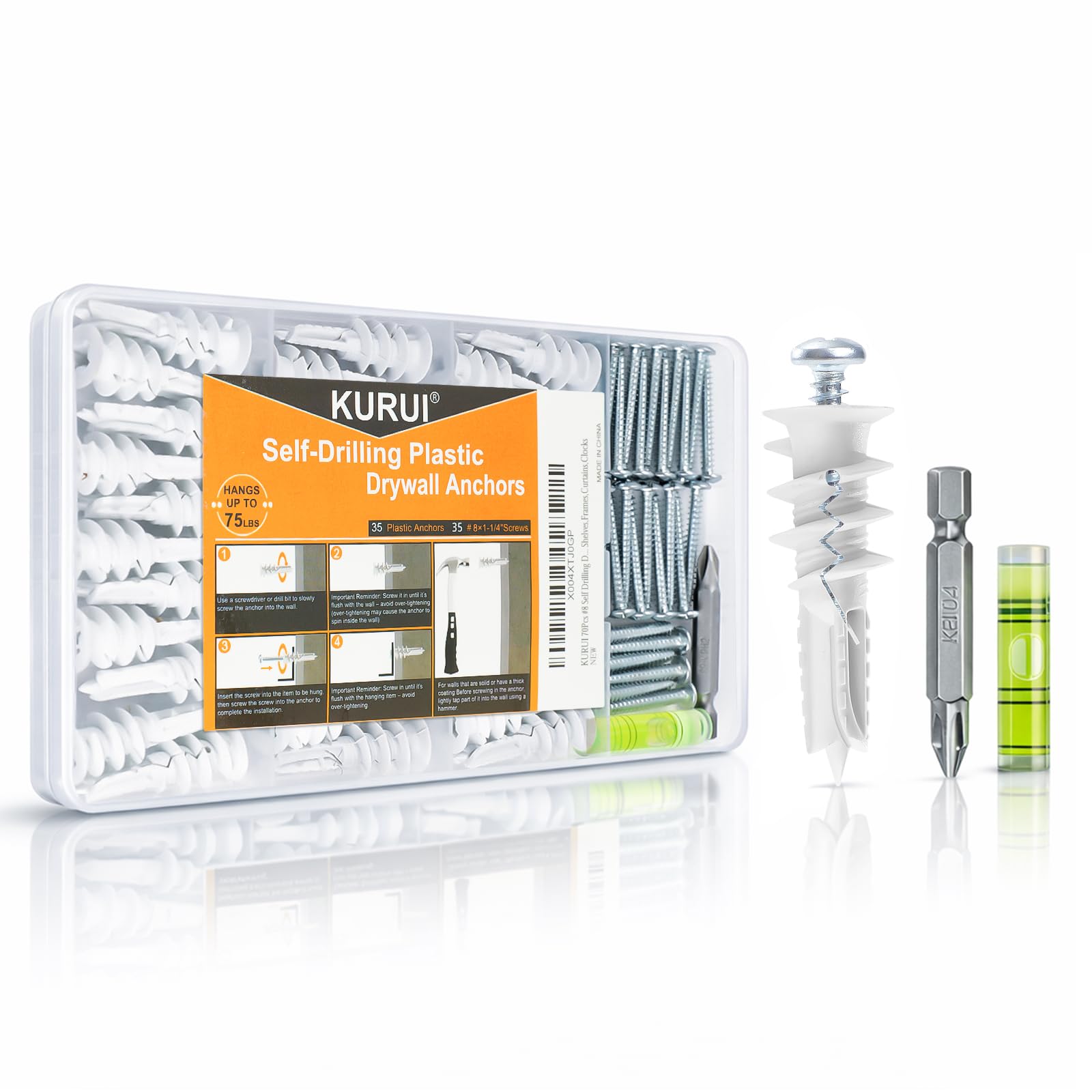 KURUI #8 Self Drilling Drywall Anchors and Screws, Heavy Duty Dry Wall Anchors Holds Upto 75LB, Picture Hanging Kit, No Pre-Drilling, for Mounting Shelves,Frames,Curtains,Clocks - 70Pcs