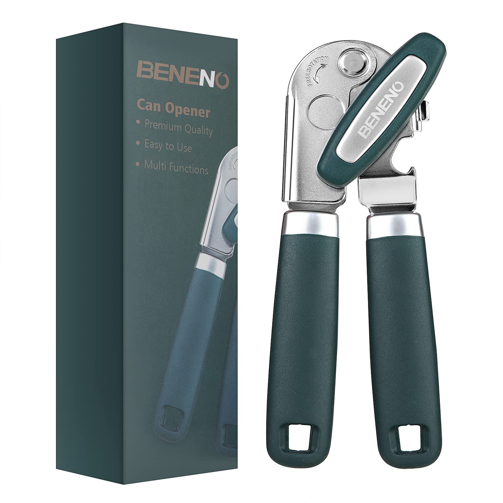 Beneno Heavy Duty Hand Can Opener Manual with Magnet Lid Remover, Green