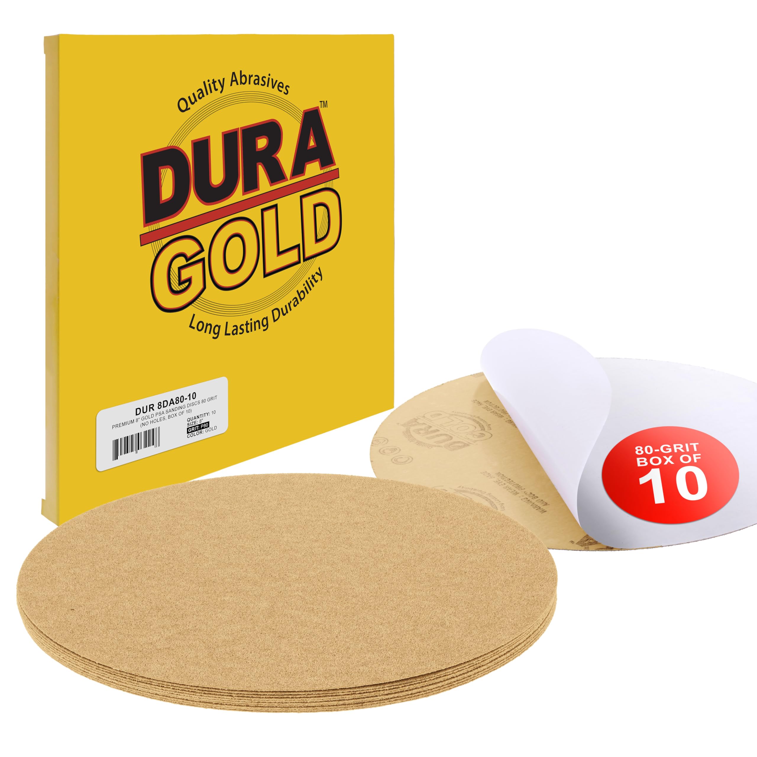 Dura-Gold Premium 8" Gold PSA Sanding Discs - 80 Grit (Box of 10) - Self Adhesive Stickyback Sandpaper for DA Sander, Finishing Coarse-Cut Abrasive - Sand Automotive Car Paint, Woodworking Wood, Metal