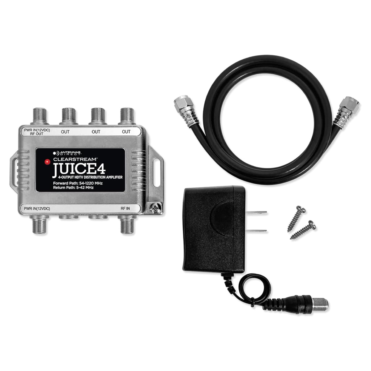 Antennas Direct ClearStream JUICE4 Distribution Amplifier, Output to 4 Televisions, CATV Systems, 4K 8K Ready – w/Power Supply, Coaxial Cable (Silver)