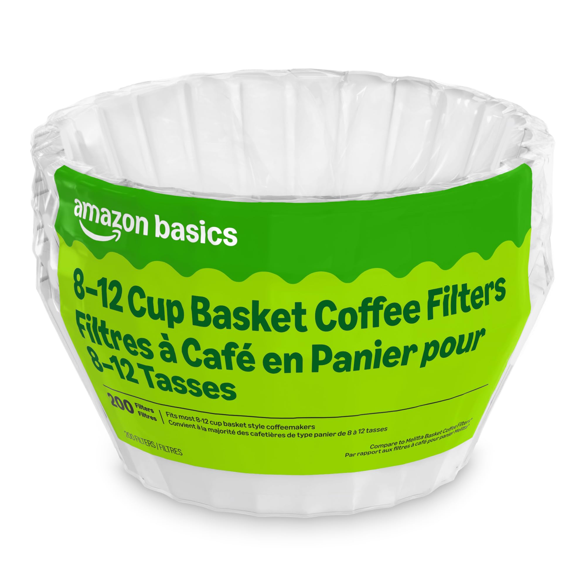 Amazon Basics Basket Coffee Filters for 8-12 Cup Coffee Makers, White, 200 Count, Packaging May Vary