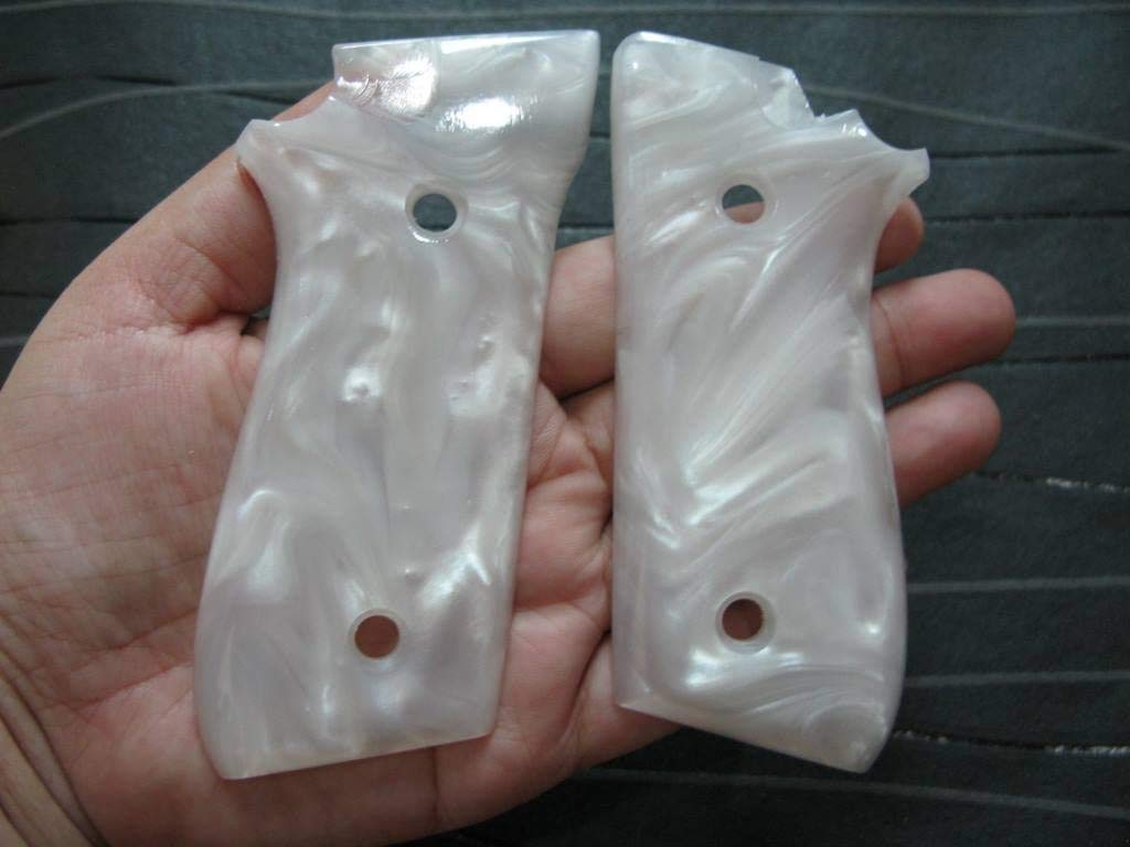 BMPL New Grips Compatible with Taurus Pt-92, Pt-99, Pt100, Pt101 Decocker, Smooth White Pearl Resin Polyester, Thai Handmade