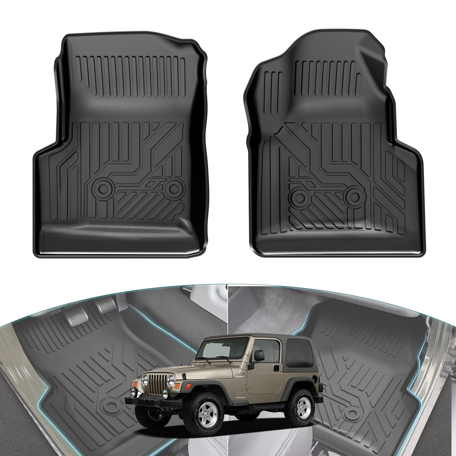 Huidnnas Floor Mats for Jeep Wrangler TJ 1997-2006, TPE All Weather Floor Liners Front Row 2PCS, Waterproof Rubber Car Mats for Wrangler TJ Accessories, Black