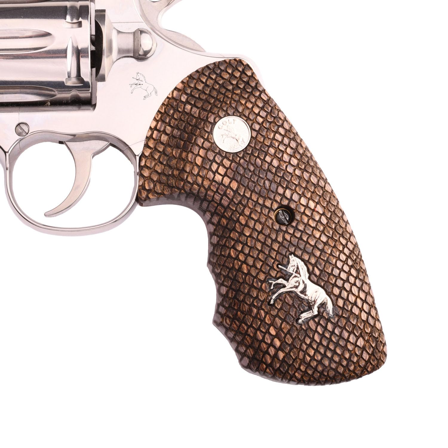 Altamont Colt Python Fingergroove Grips Designed to Drop-in fit on The Colt Python (2020+) - Made in USA (Super Walnut Full Snakeskin W/Silver Medallions & Rampant Colt, One Size)