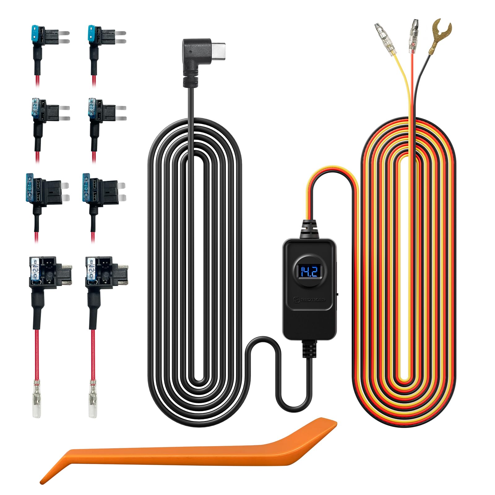 REDTIGER F7N Dash Cam Hardwire Kit USB C Port, Dashboard Camera Car Charger Cable Kit 12V- 24V to 5V w/Fuse Kit, Low Voltage Protection for Dash Cam Double-4 Fuses