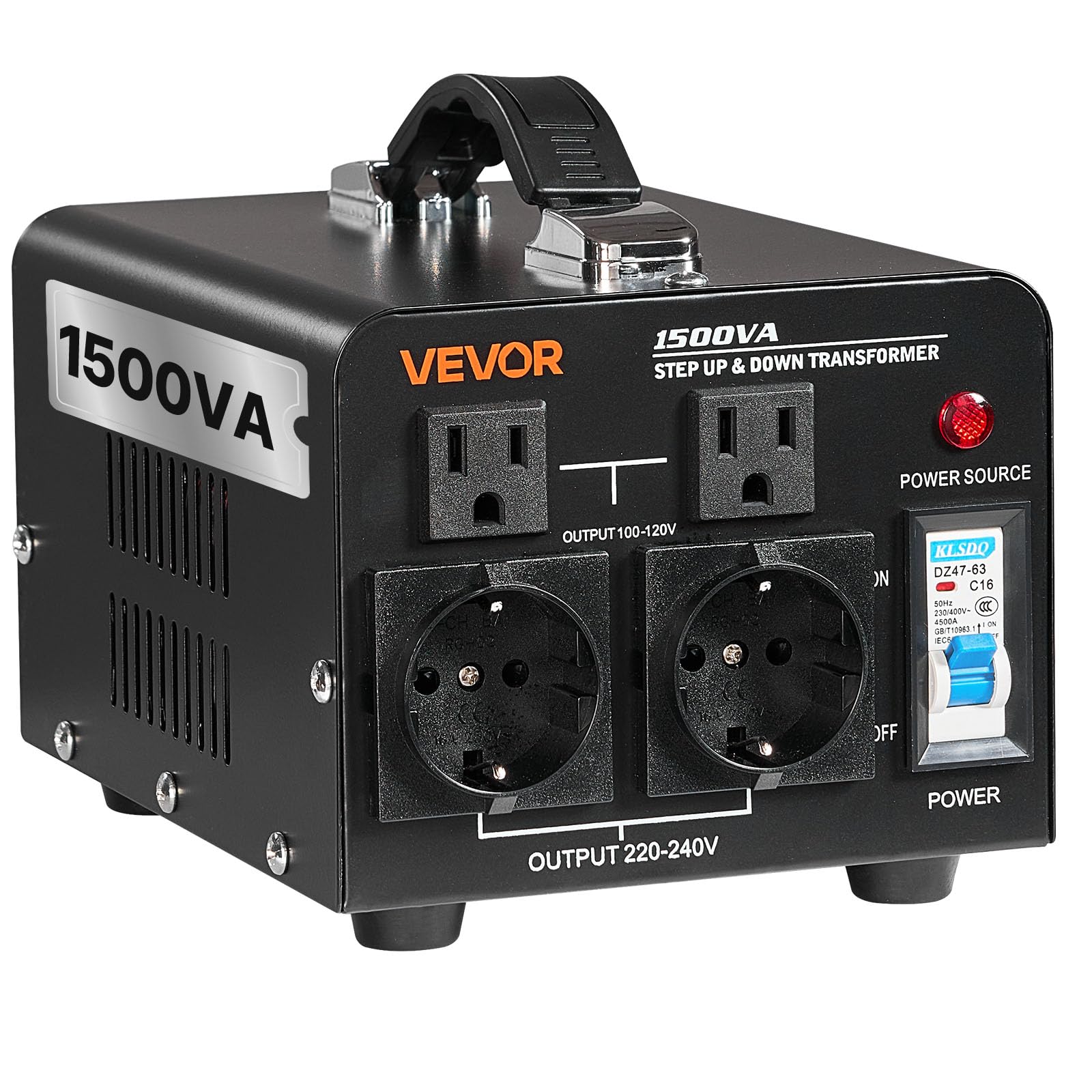 VEVOR Voltage Converter Transformer, 1500VA, Heavy Duty Step Up/Down Power Transformer, Convert from 110V to 220V and 220V to 110V, with EU Outlets, US Outlets, Power Cord, Circuit Breaker Protection