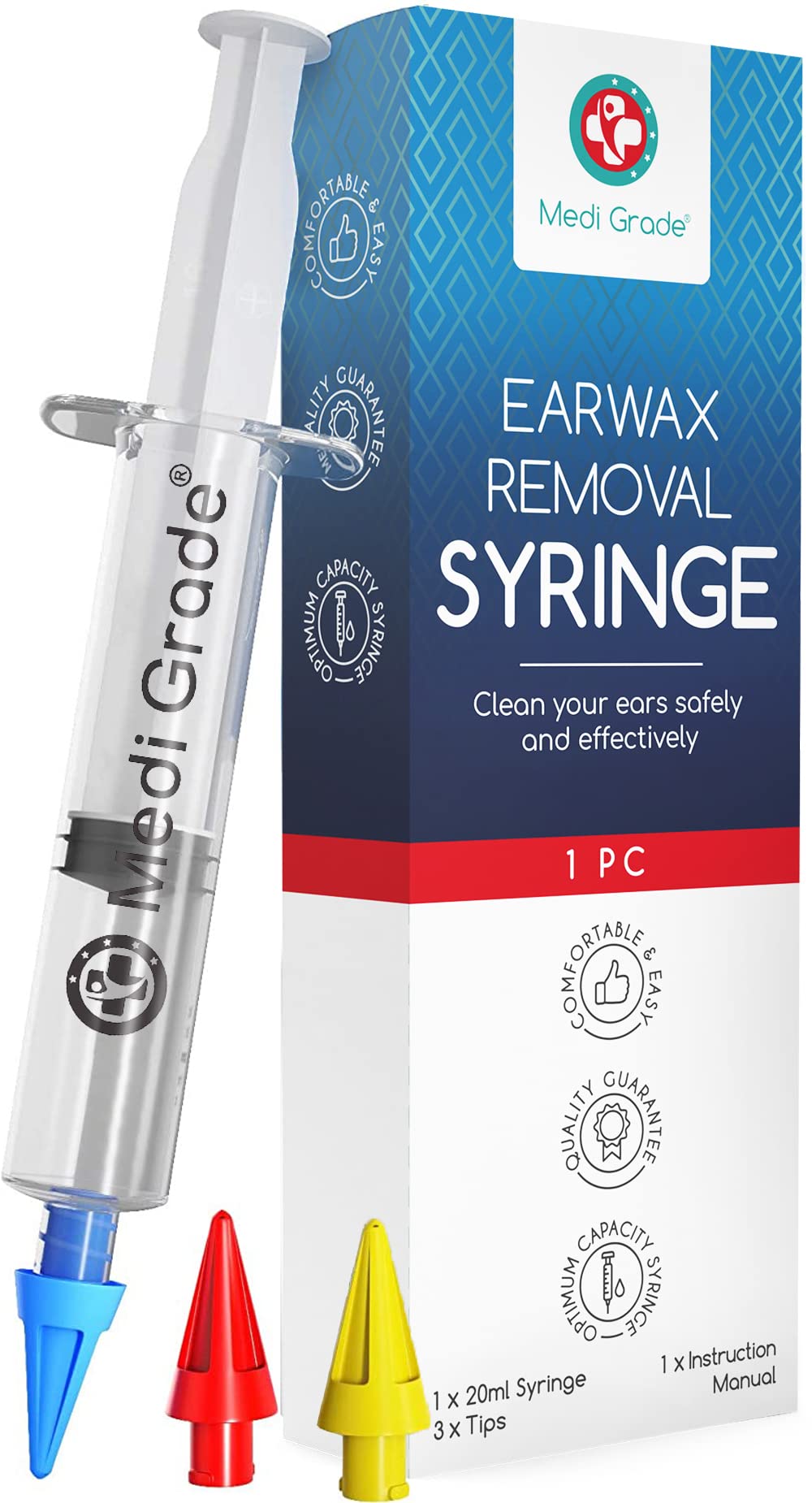 Medi Grade Ear Syringe Ear Wax Removal with 3 Quad-stream Tips - Water Irrigation Ear Cleaner Ear Wax Remover for Improved Hearing Clarity and Aural Hygiene - Ear Syringe Kit Earwax Remover Tool
