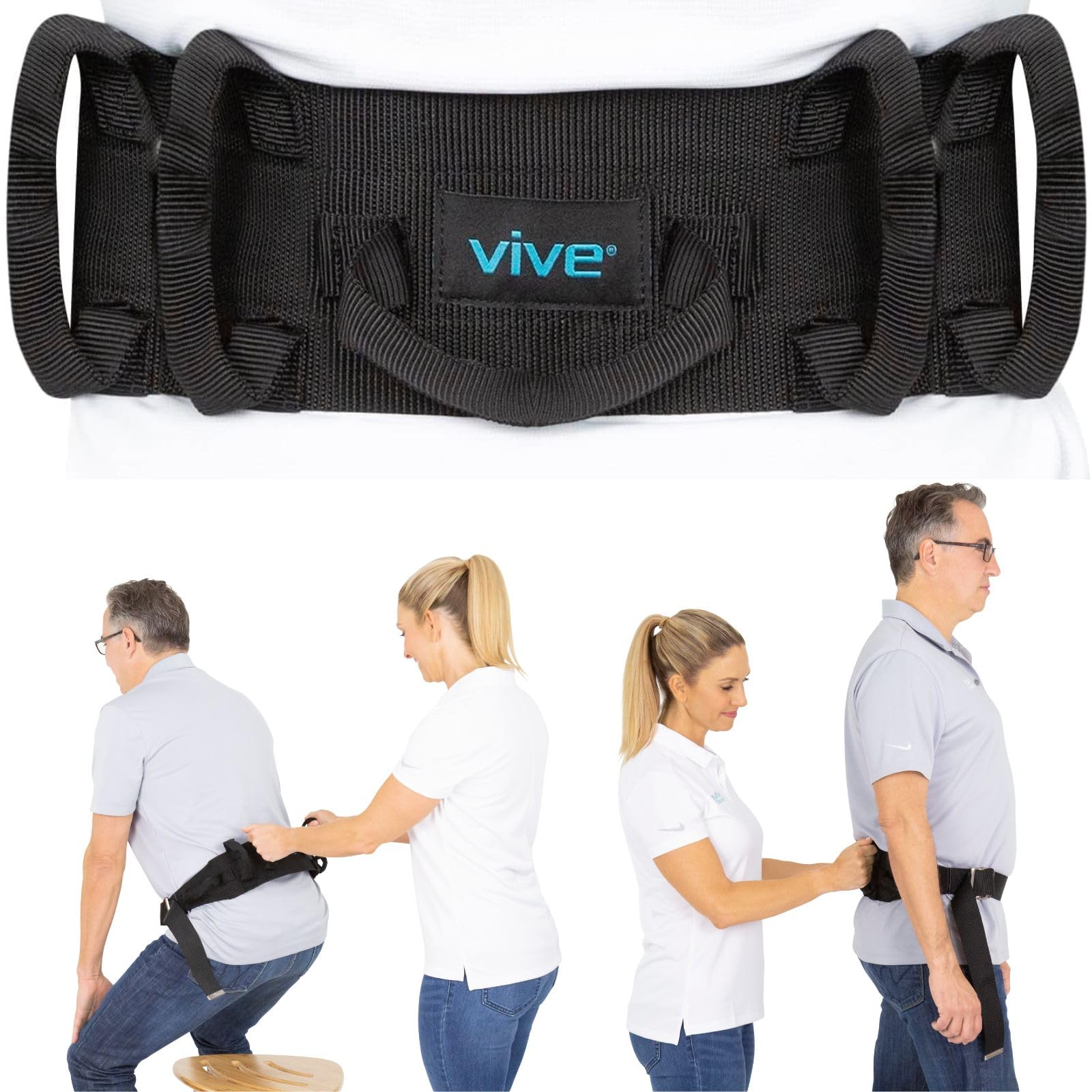 Vive Gait Belt (350lbs) Transfer Belt with Handles - Medical Nursing Safety Patient Assist - Bariatric, Elderly, Handicap, Physical Therapy - PT Gate Strap Quick Release Metal Buckle, Grabbing Teeth