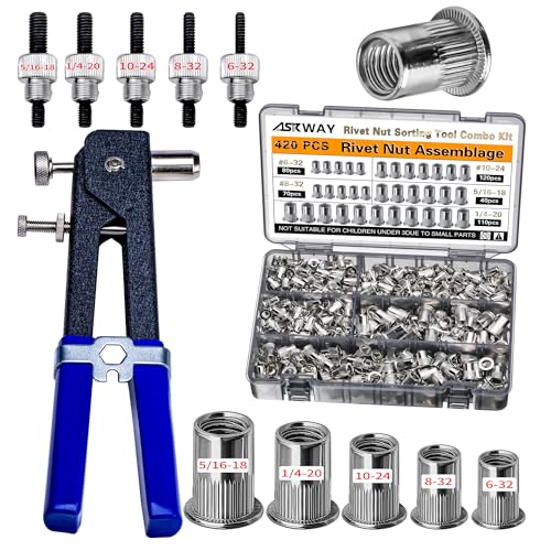 SAE Rivet Nut Tool 420pcs Imperial Carbon Steel Rivet Nut Tool Kit, （5/16-18、1/4-20、10-24、8-32、6-32）, Suitable for Furnitur, Automotive, Marine and Industrial Applications (SAE Carbon Steel 420)