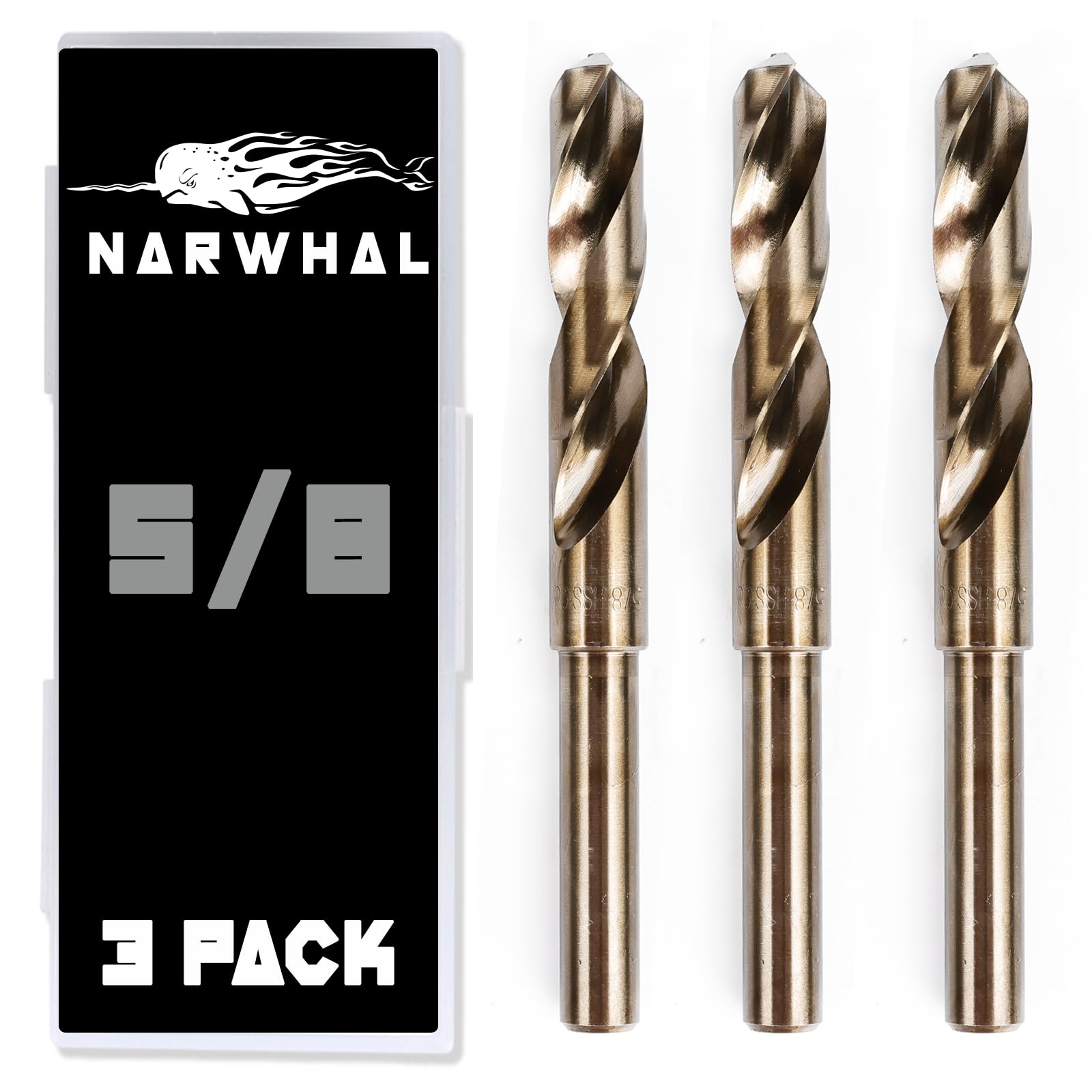 Narwhal 5/8" Drill Bits for Metal (M35 Cobalt - 3 Pack) 6 Inch Length & 135 Degree Split Point for Drilling Into Metal, Hardened & Stainless Steel, Cast Iron, & More!