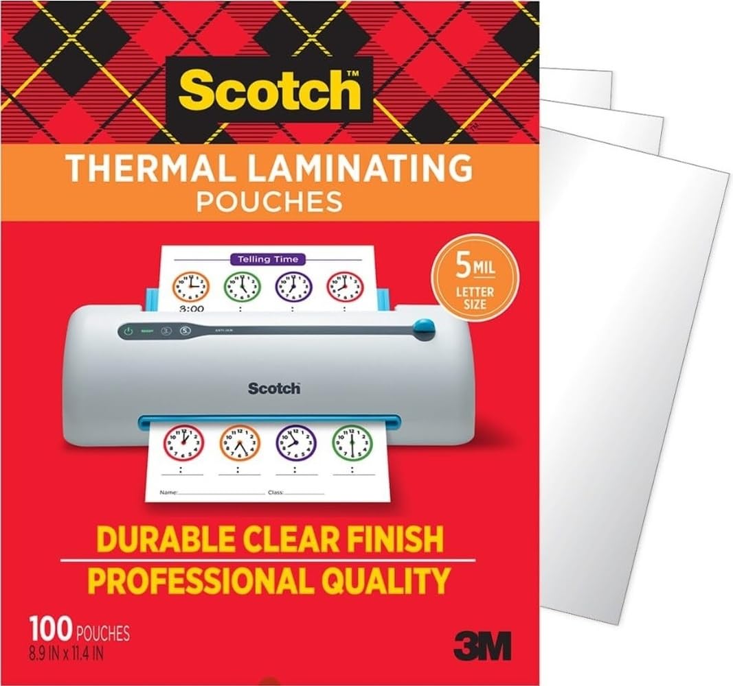 Scotch Thermal Laminating Pouches, 100 Count, Clear, 5 mil.