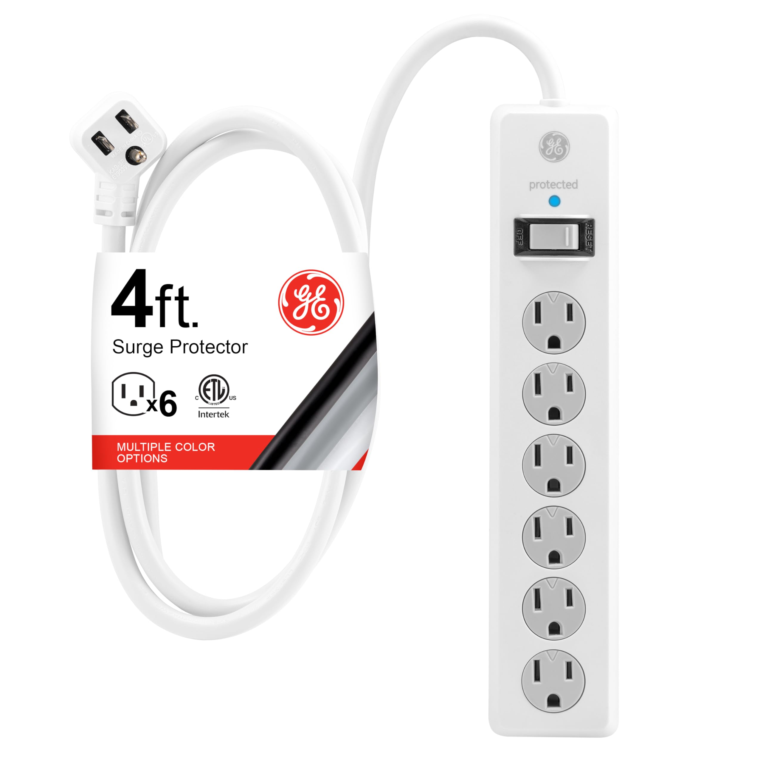 GE Surge Protector Power Strip, 4 Ft Extension Cord, 6 Outlet Extender