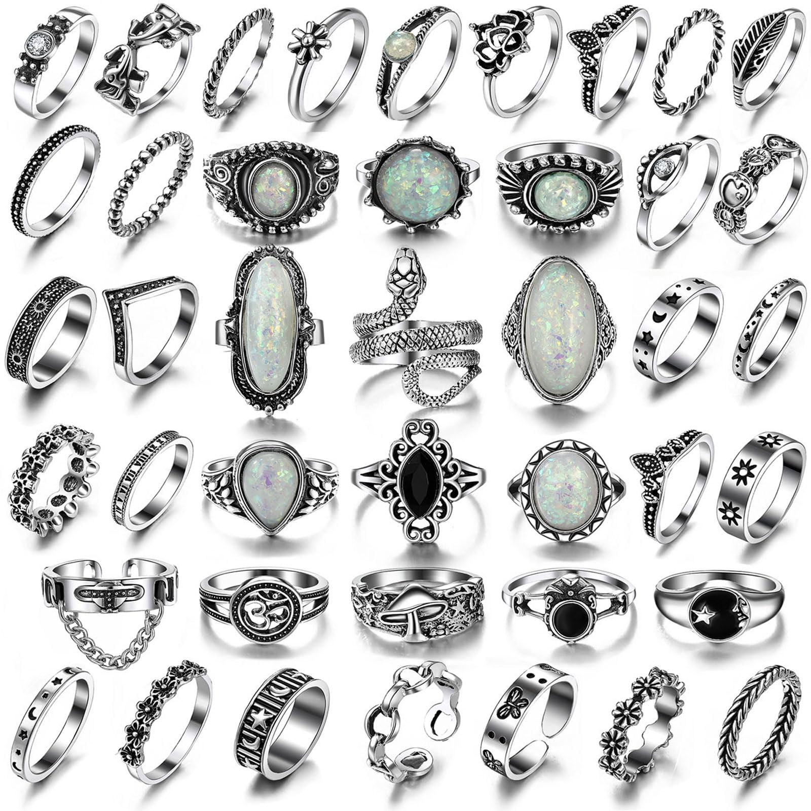 Vintage Silver Knuckle Rings Set for Women Men, Chunky Rings Aesthetic Snake Grunge Stackable Gothic Ring Adjustable Y2K Punk Bulky Boho Finger Alt of Rings, Non-Precious Metal, No Gemstone